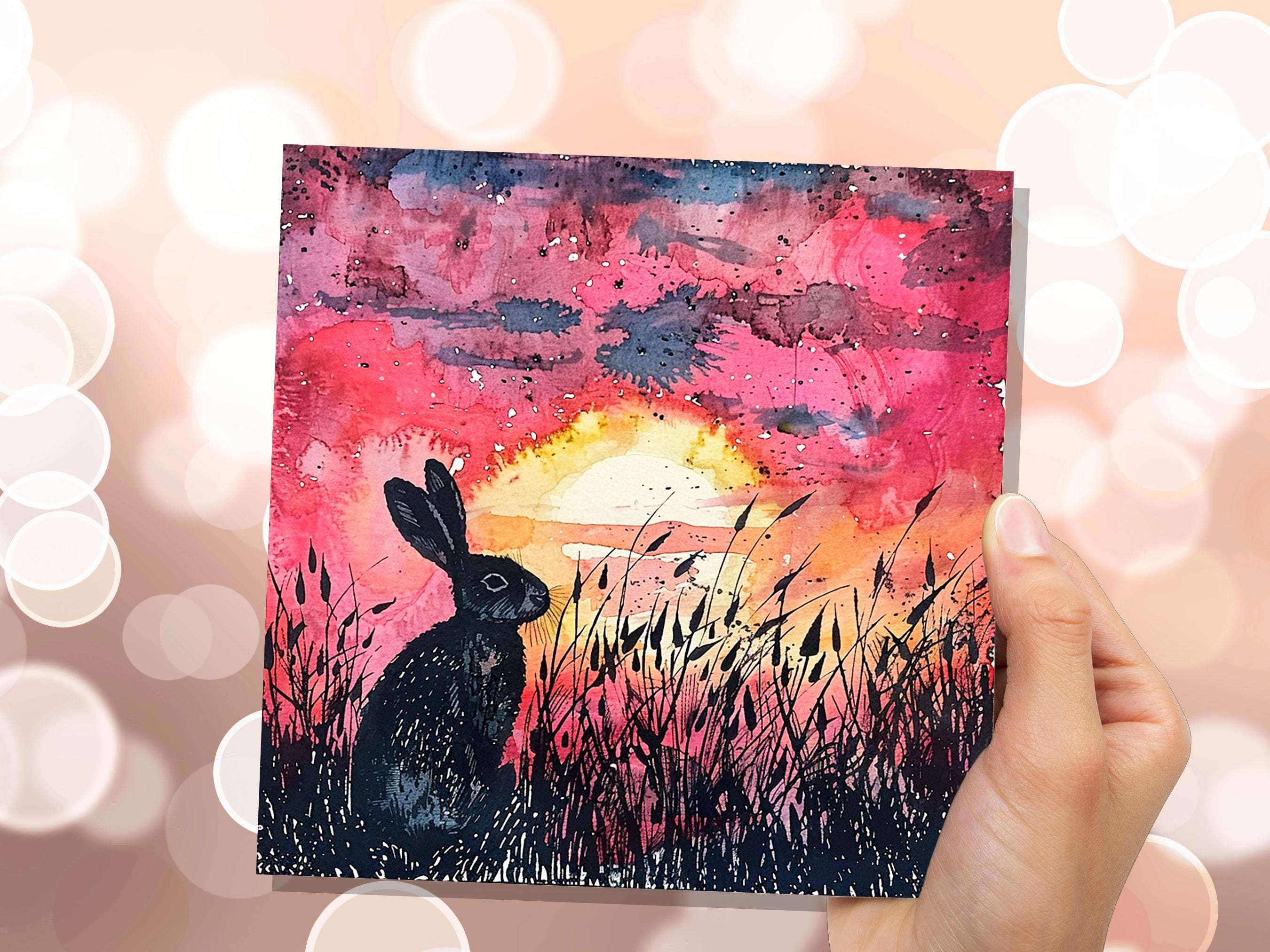 Sunset Rabbit Silhouette Easter Card Wildflowers Nature Art For Countryside Lovers Watercolour Summer Scene Eco Friendly Bright Pink Hare