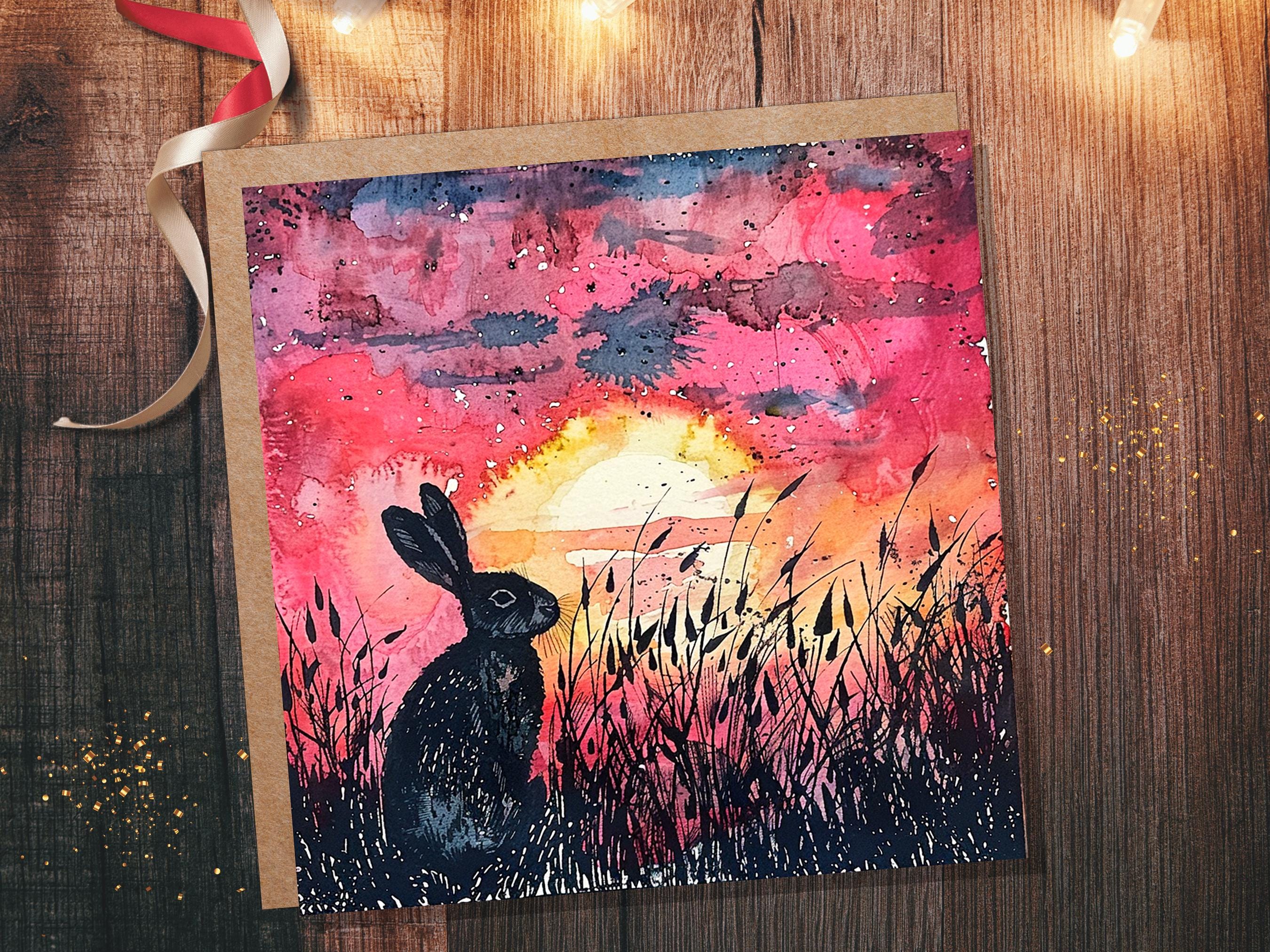 Sunset Rabbit Silhouette Easter Card Wildflowers Nature Art For Countryside Lovers Watercolour Summer Scene Eco Friendly Bright Pink Hare - View 2