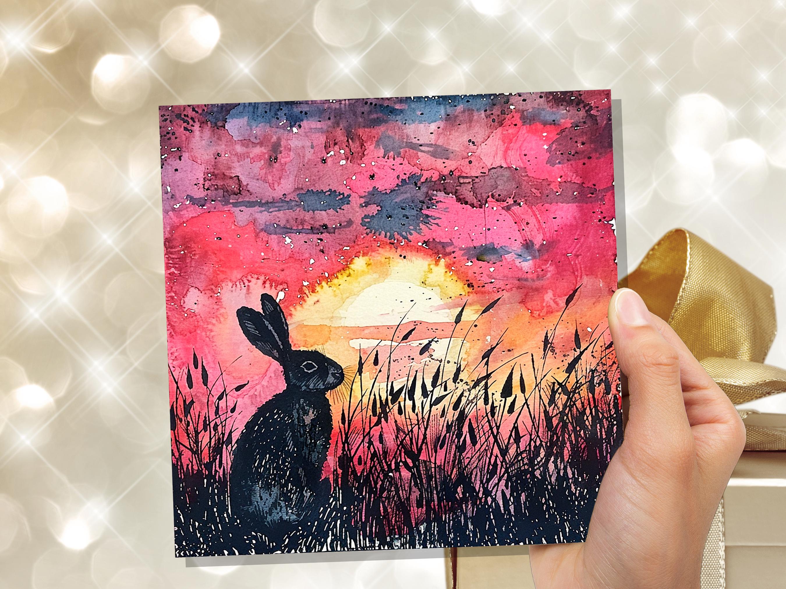 Sunset Rabbit Silhouette Easter Card Wildflowers Nature Art For Countryside Lovers Watercolour Summer Scene Eco Friendly Bright Pink Hare - View 8