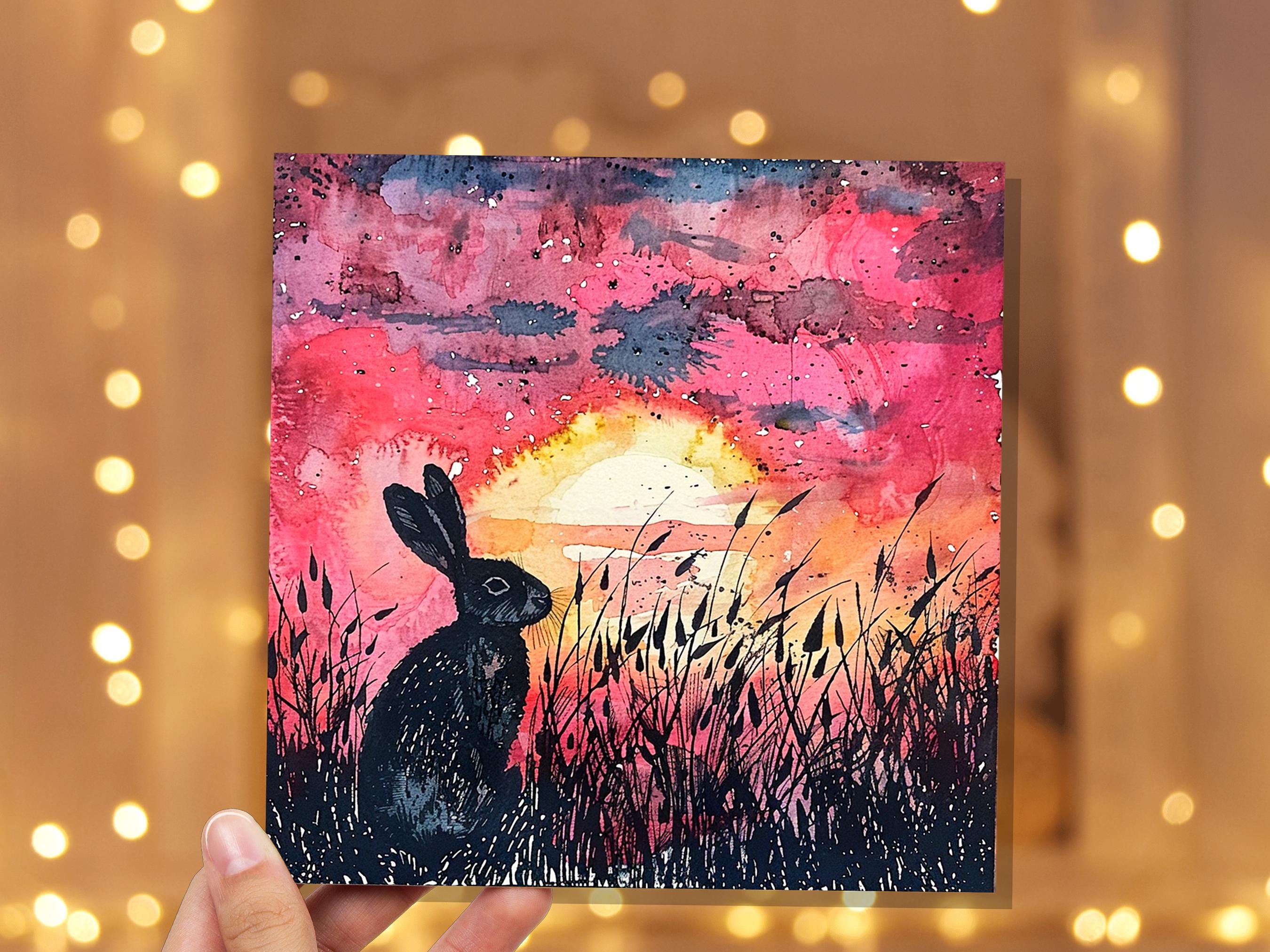 Sunset Rabbit Silhouette Easter Card Wildflowers Nature Art For Countryside Lovers Watercolour Summer Scene Eco Friendly Bright Pink Hare - View 7
