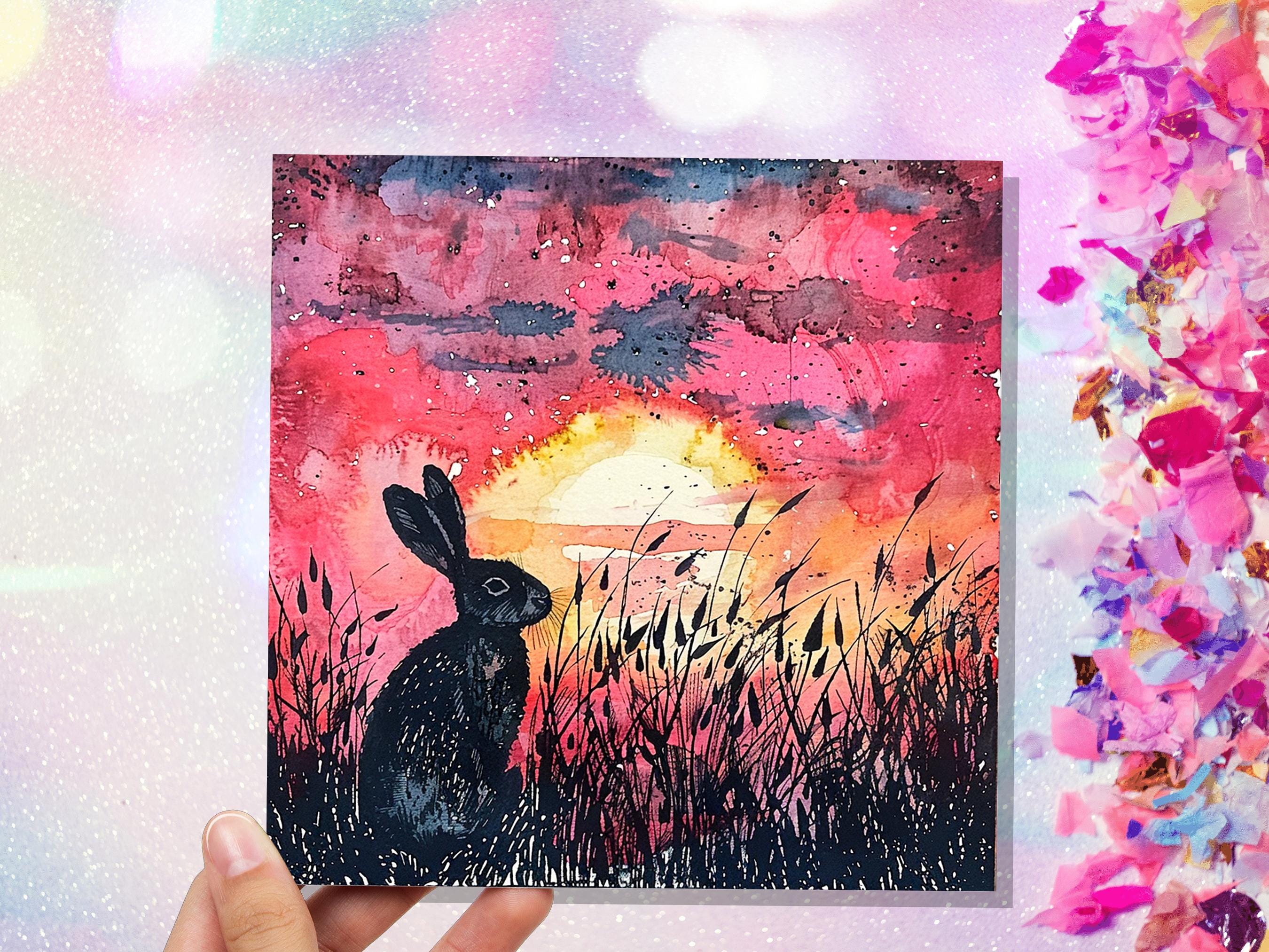 Sunset Rabbit Silhouette Easter Card Wildflowers Nature Art For Countryside Lovers Watercolour Summer Scene Eco Friendly Bright Pink Hare - View 5