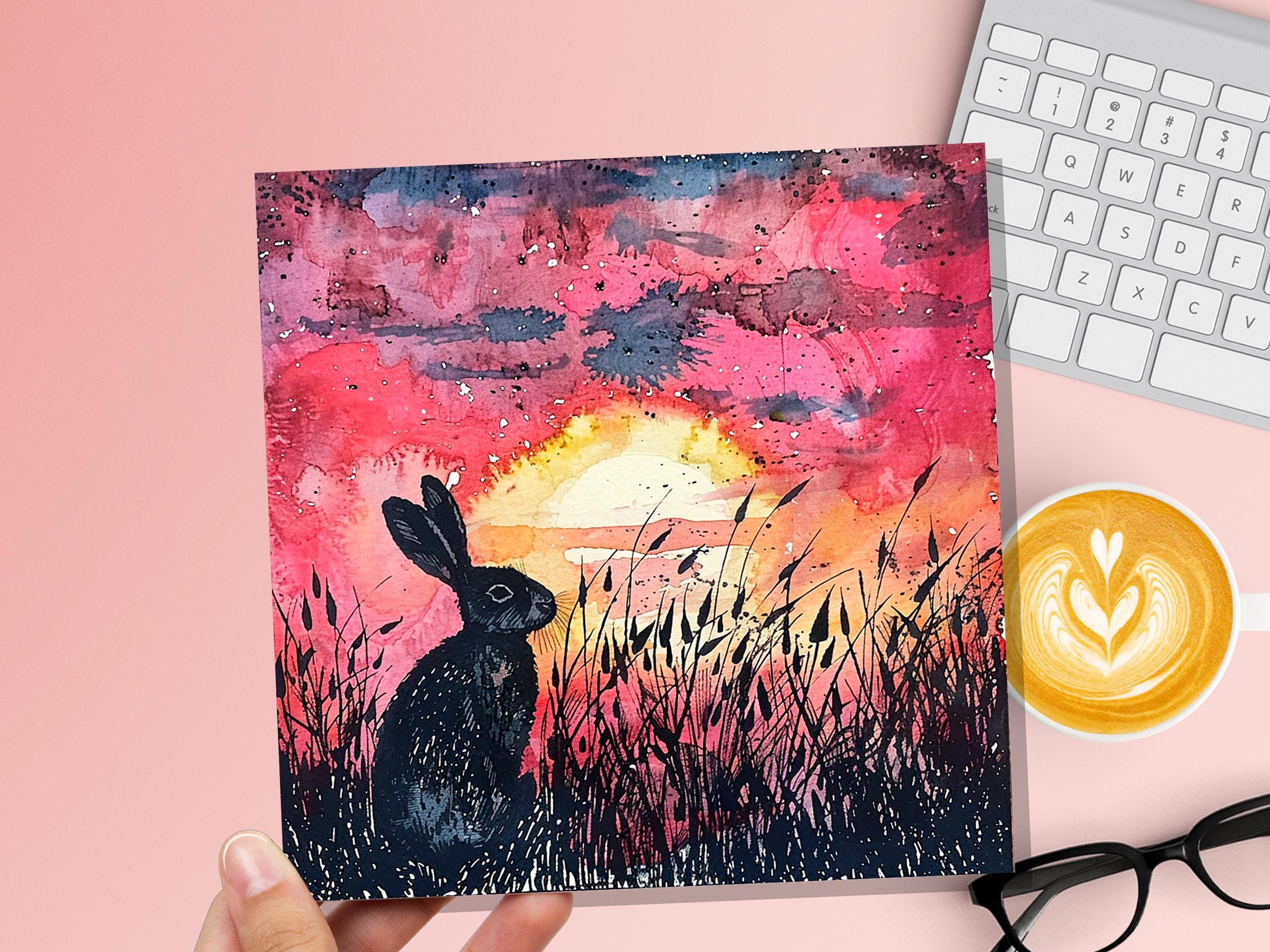 Sunset Rabbit Silhouette Easter Card Wildflowers Nature Art For Countryside Lovers Watercolour Summer Scene Eco Friendly Bright Pink Hare - View 6