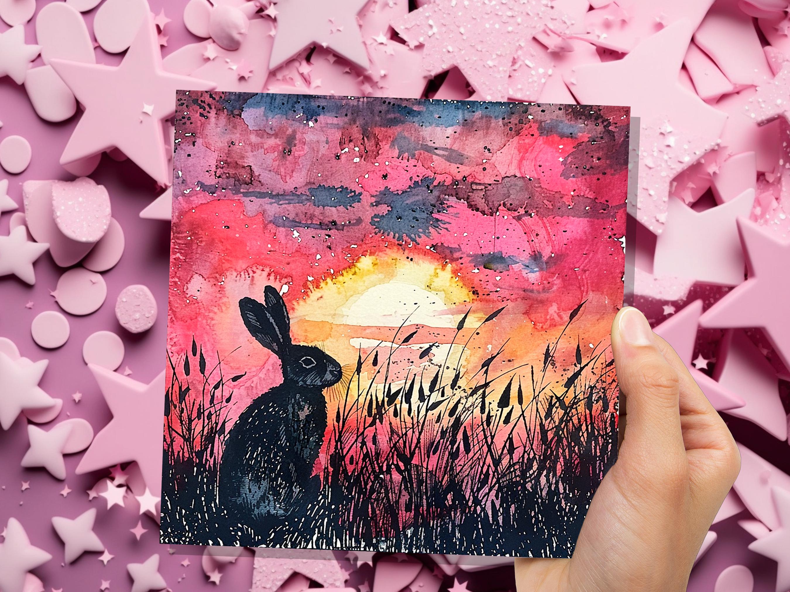 Sunset Rabbit Silhouette Easter Card Wildflowers Nature Art For Countryside Lovers Watercolour Summer Scene Eco Friendly Bright Pink Hare - View 9