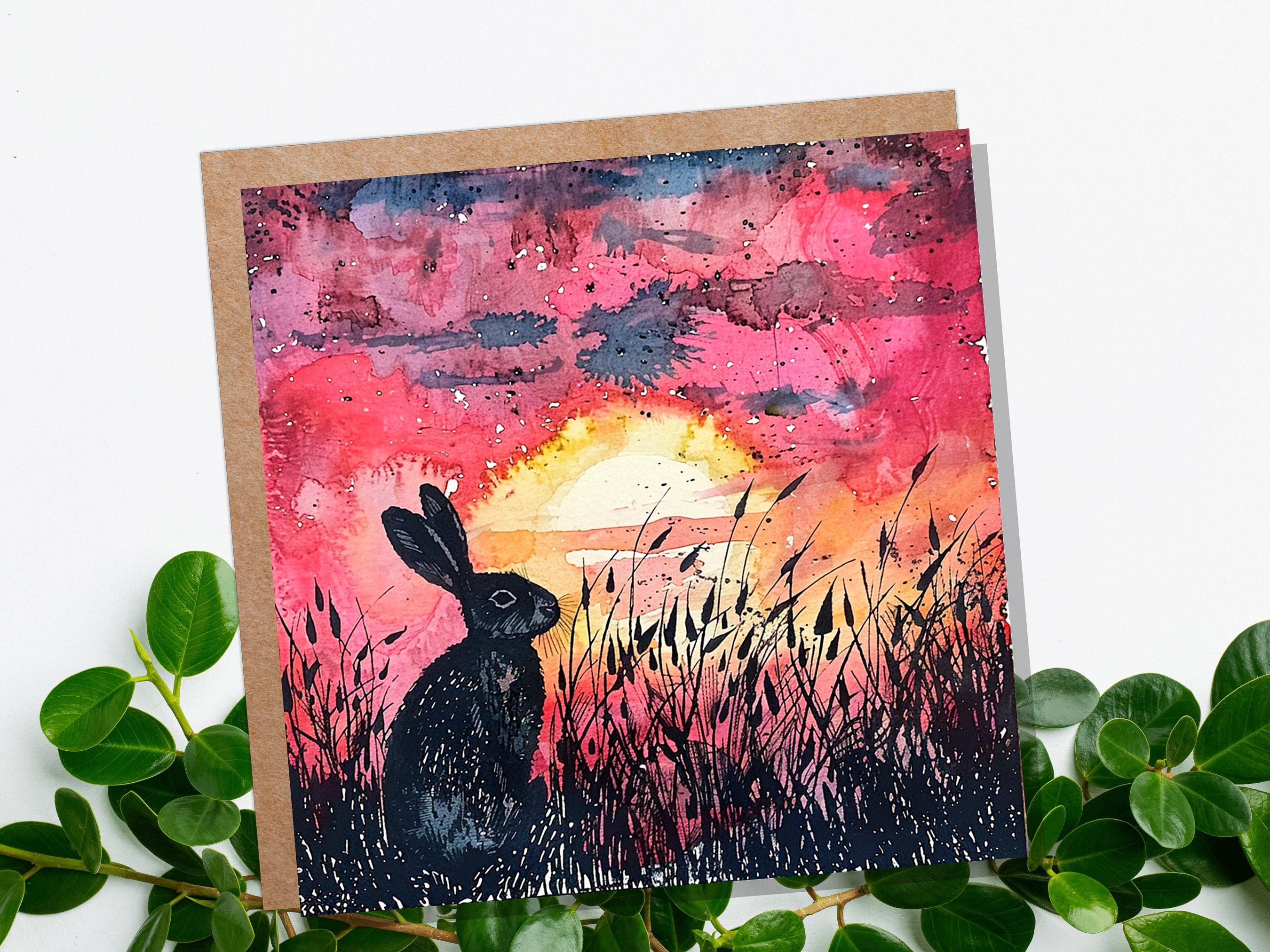 Sunset Rabbit Silhouette Easter Card Wildflowers Nature Art For Countryside Lovers Watercolour Summer Scene Eco Friendly Bright Pink Hare - View 4
