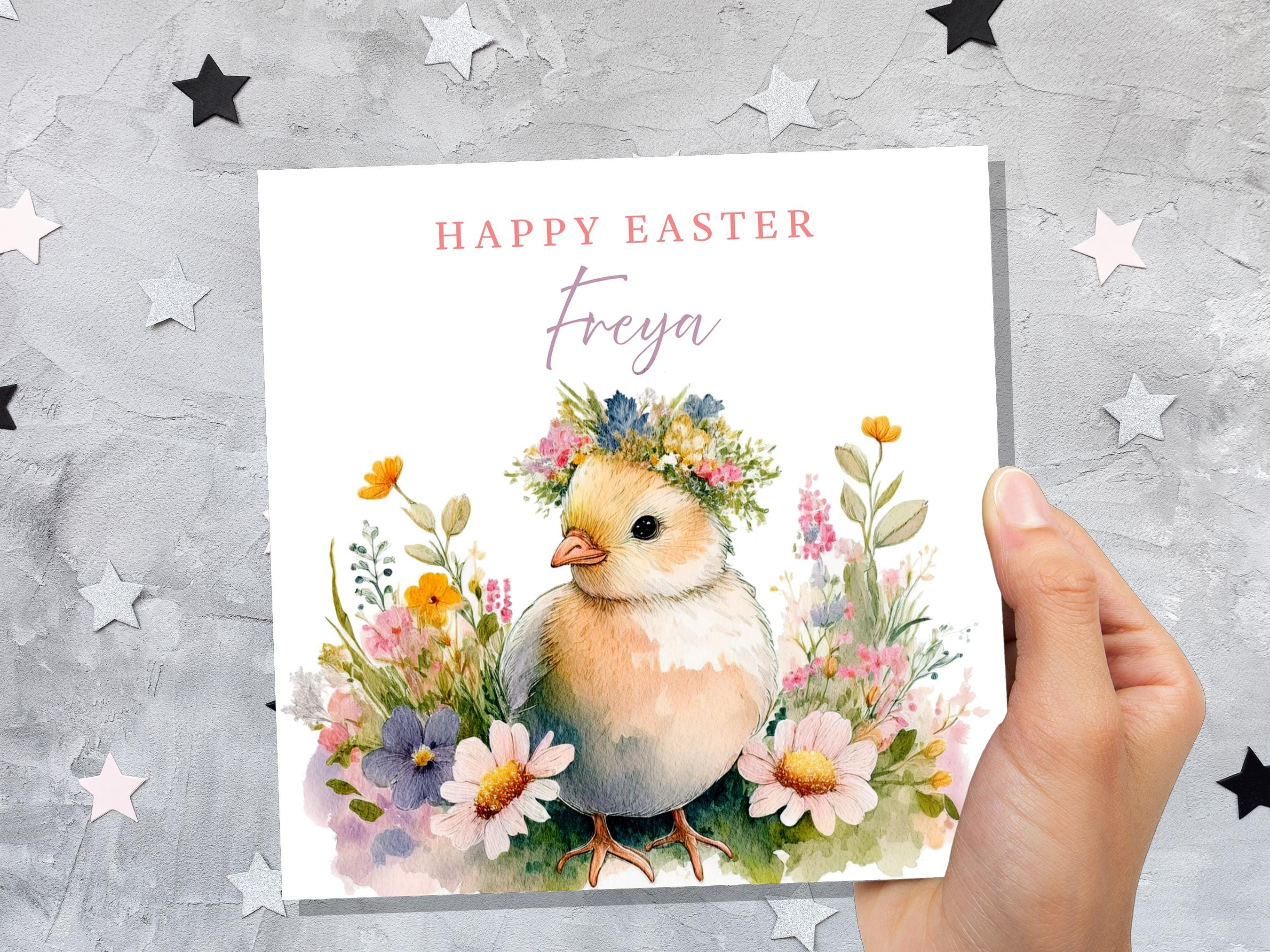 Personalised Easter Chick Greeting Card Cute Fluffy Baby Chick with Flower Crown Watercolour Custom Name Card for Granddaughter Daughter Art - View 7