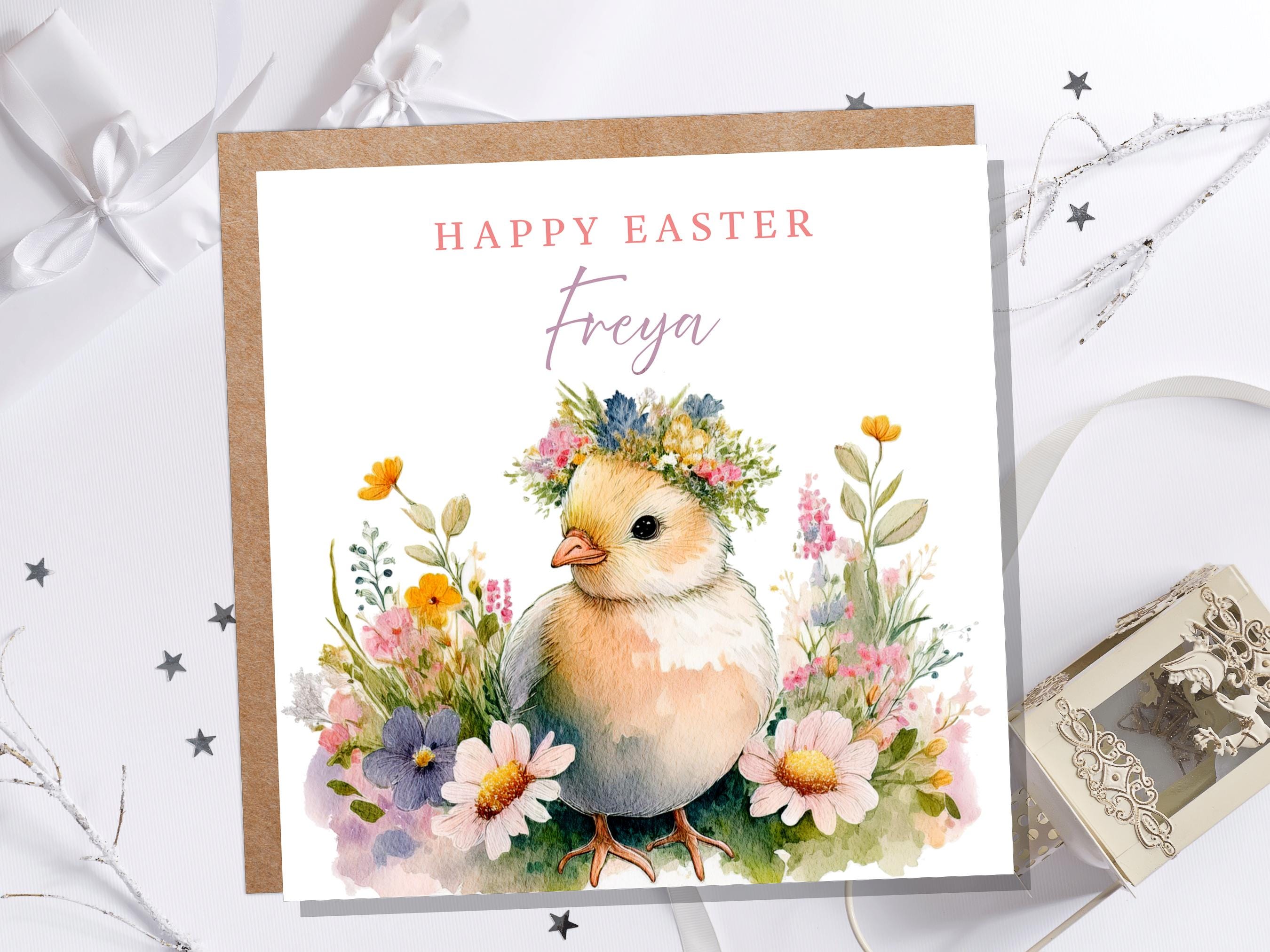 Personalised Easter Chick Greeting Card Cute Fluffy Baby Chick with Flower Crown Watercolour Custom Name Card for Granddaughter Daughter Art - View 2