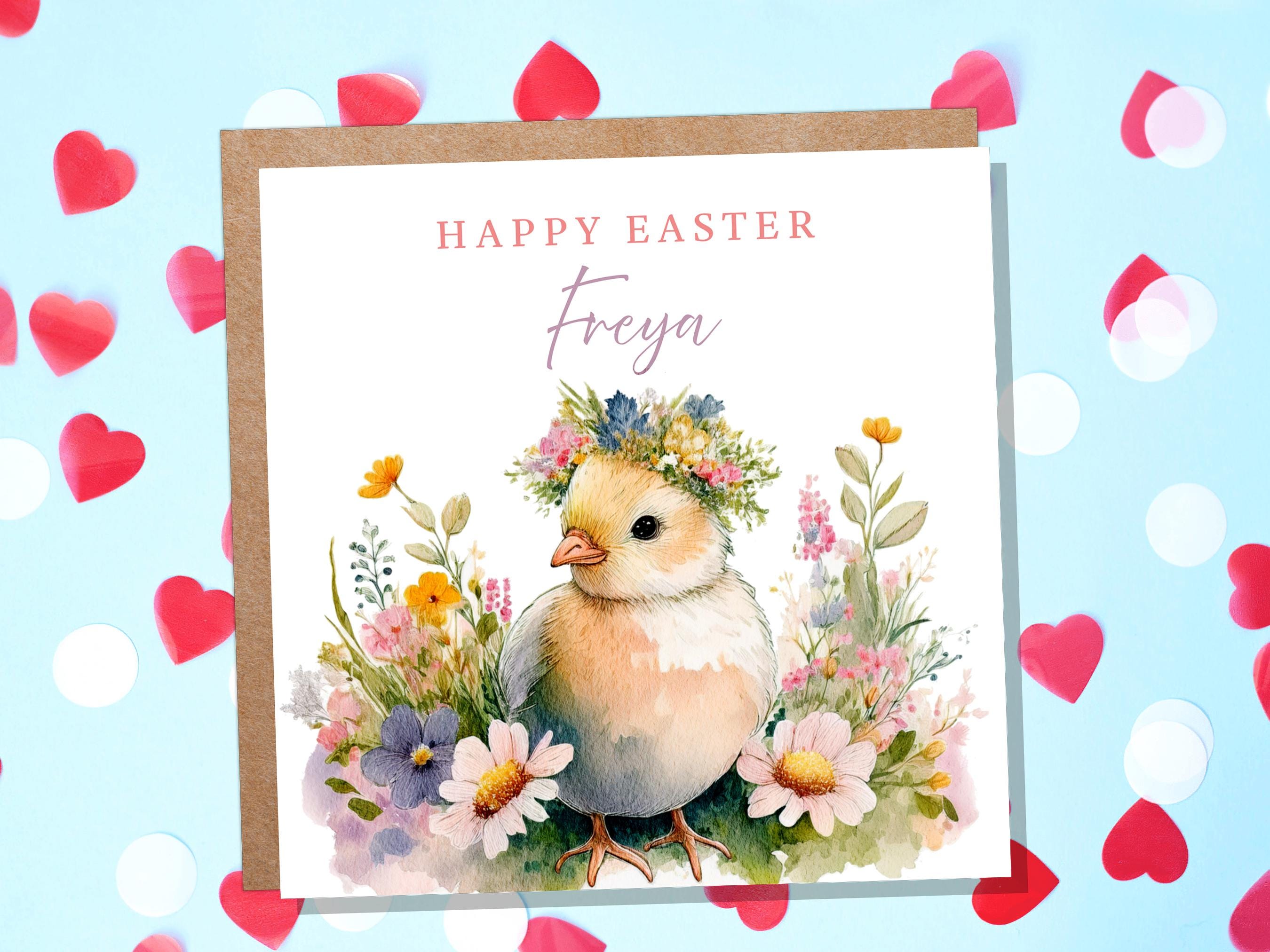 Personalised Easter Chick Greeting Card Cute Fluffy Baby Chick with Flower Crown Watercolour Custom Name Card for Granddaughter Daughter Art - View 3