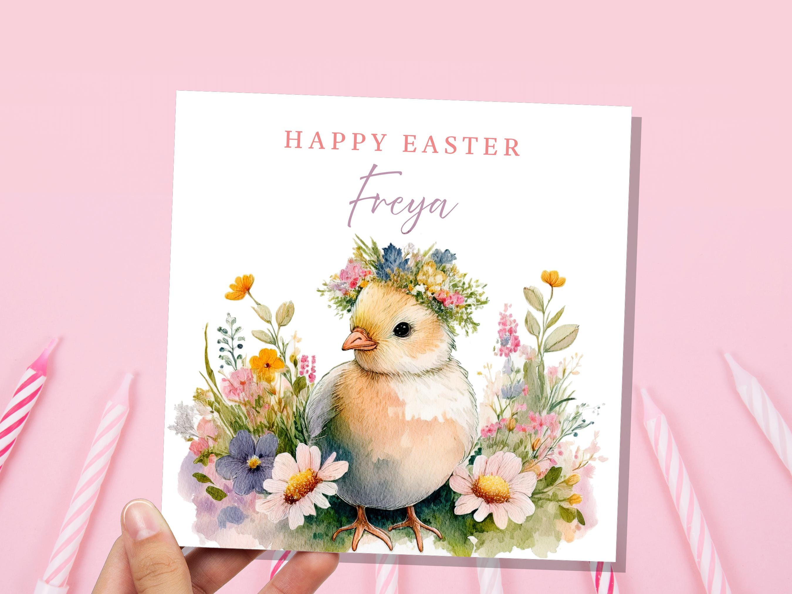 Personalised Easter Chick Greeting Card Cute Fluffy Baby Chick with Flower Crown Watercolour Custom Name Card for Granddaughter Daughter Art - View 5