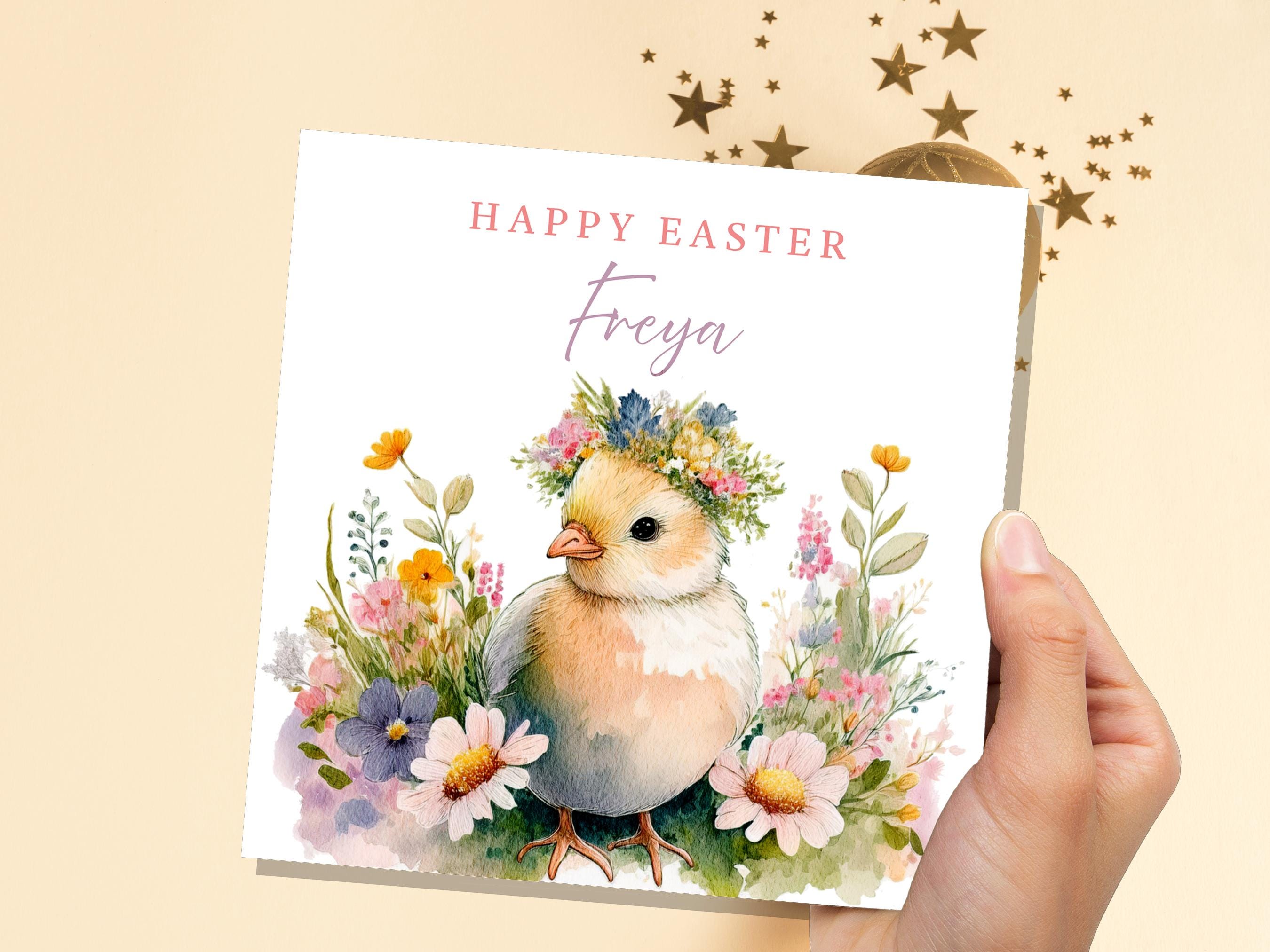 Personalised Easter Chick Greeting Card Cute Fluffy Baby Chick with Flower Crown Watercolour Custom Name Card for Granddaughter Daughter Art - View 9