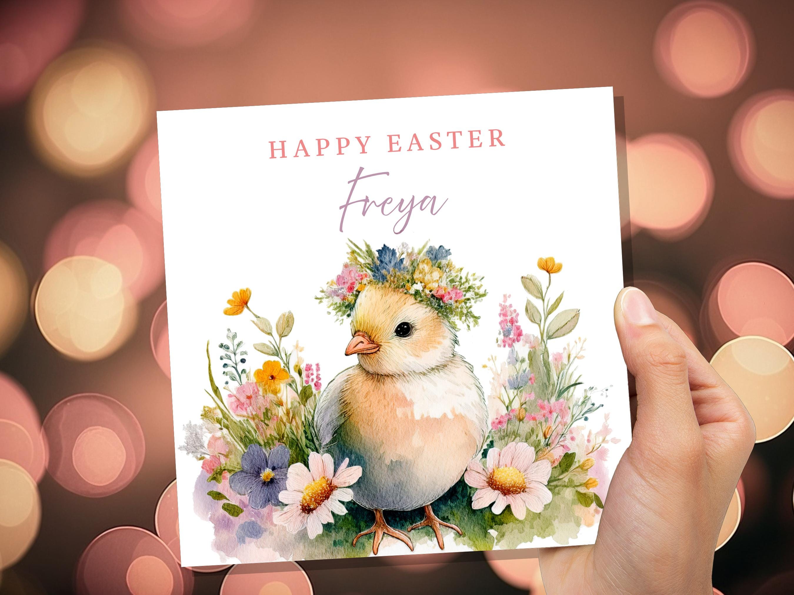 Personalised Easter Chick Greeting Card Cute Fluffy Baby Chick with Flower Crown Watercolour Custom Name Card for Granddaughter Daughter Art - View 8