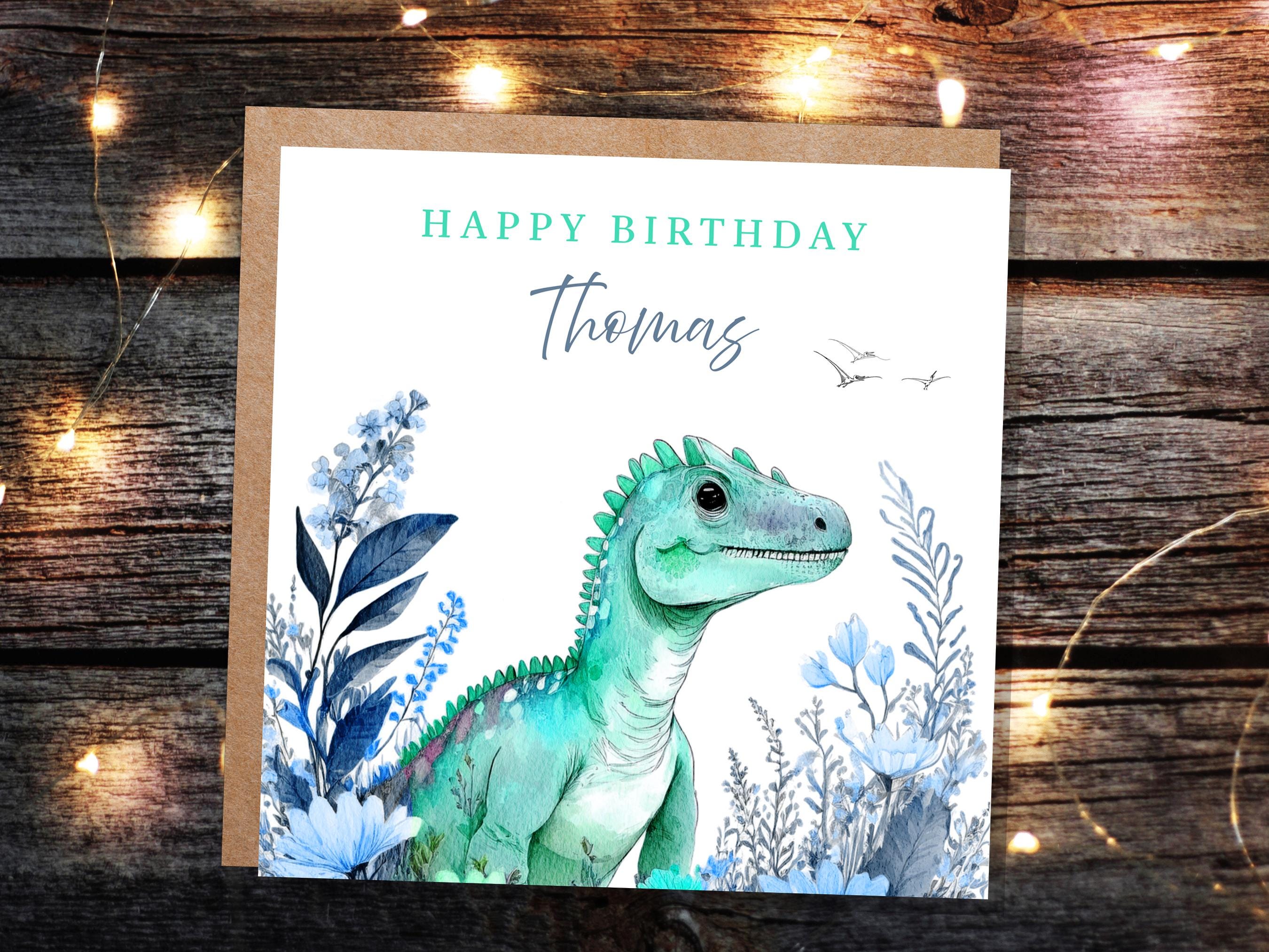 Personalised Dinosaur Birthday Card Custom Name Happy Birthday For Boys Unique Watercolour T-Rex Design Blue Flowers Eco Kids Son Grandson - View 2