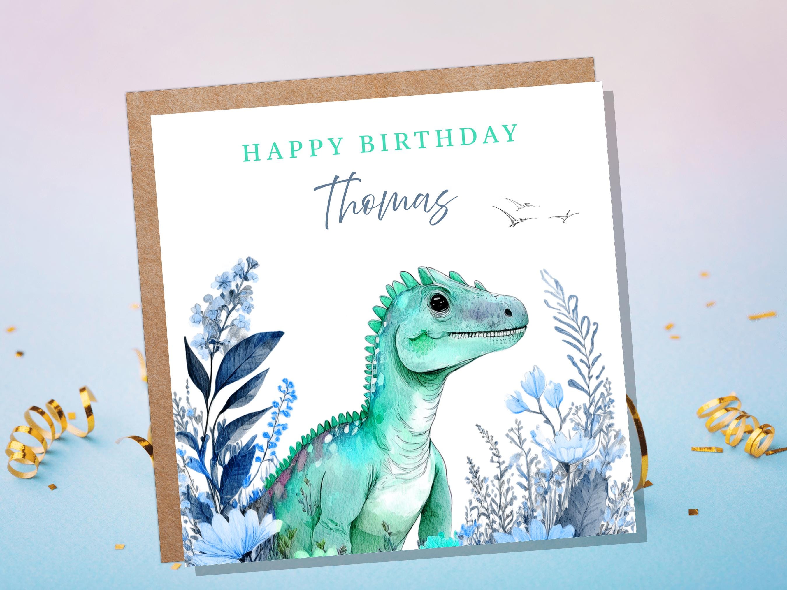 Personalised Dinosaur Birthday Card Custom Name Happy Birthday For Boys Unique Watercolour T-Rex Design Blue Flowers Eco Kids Son Grandson - View 4