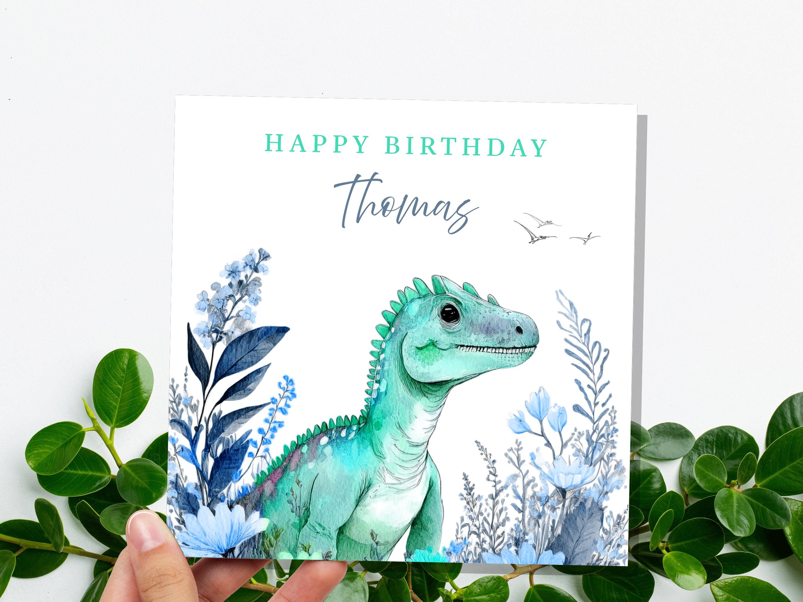 Personalised Dinosaur Birthday Card Custom Name Happy Birthday For Boys Unique Watercolour T-Rex Design Blue Flowers Eco Kids Son Grandson - View 5
