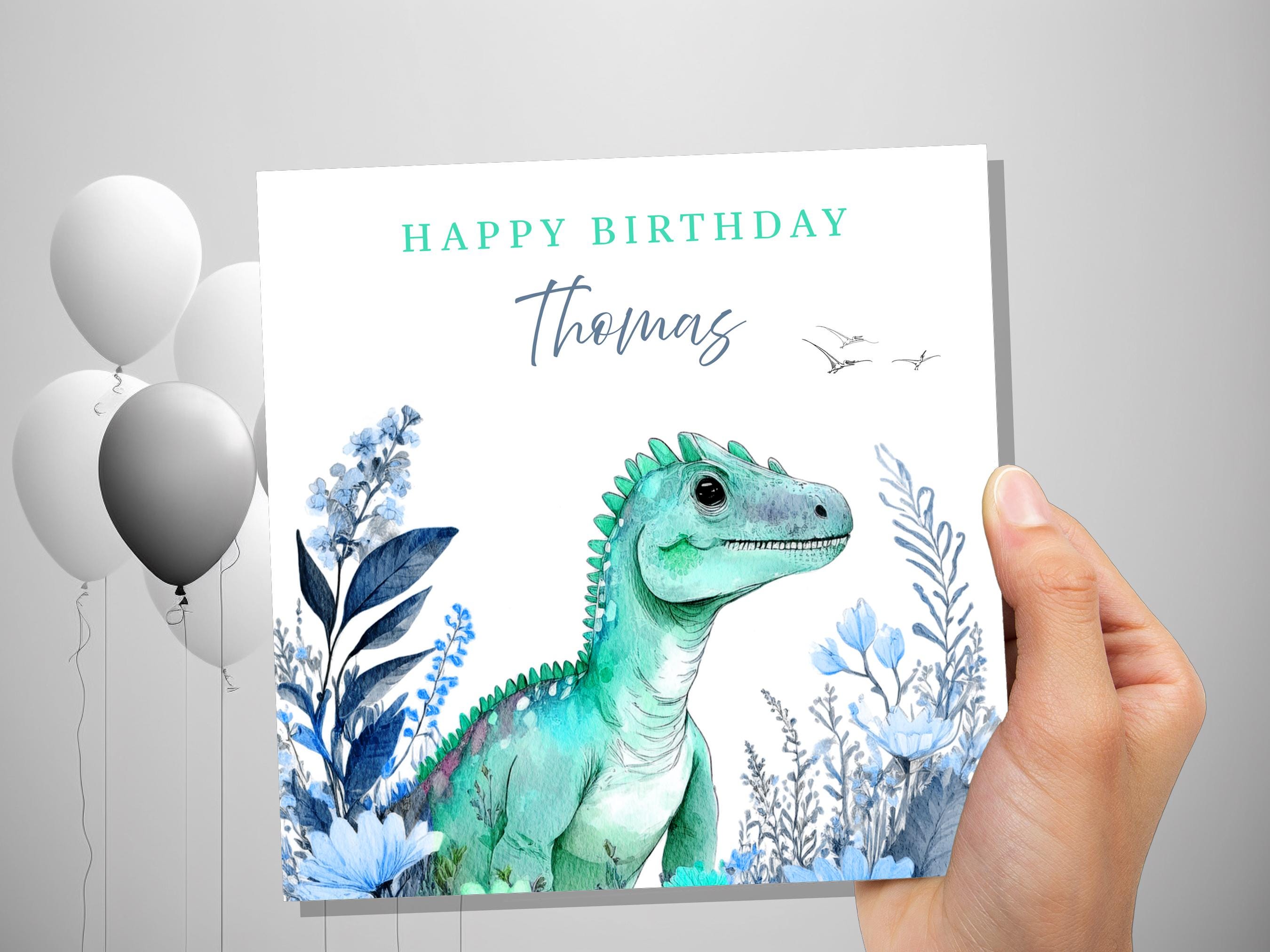 Personalised Dinosaur Birthday Card Custom Name Happy Birthday For Boys Unique Watercolour T-Rex Design Blue Flowers Eco Kids Son Grandson - View 8