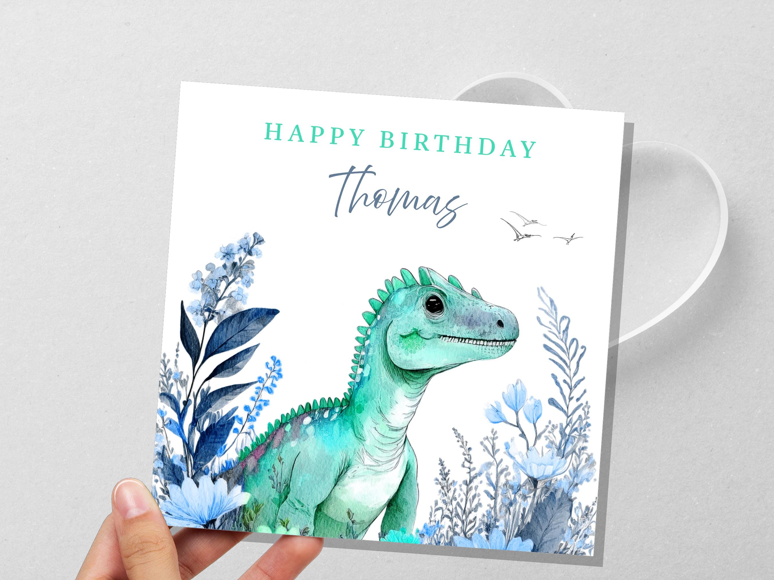 Personalised Dinosaur Birthday Card Custom Name Happy Birthday For Boys Unique Watercolour T-Rex Design Blue Flowers Eco Kids Son Grandson - View 6
