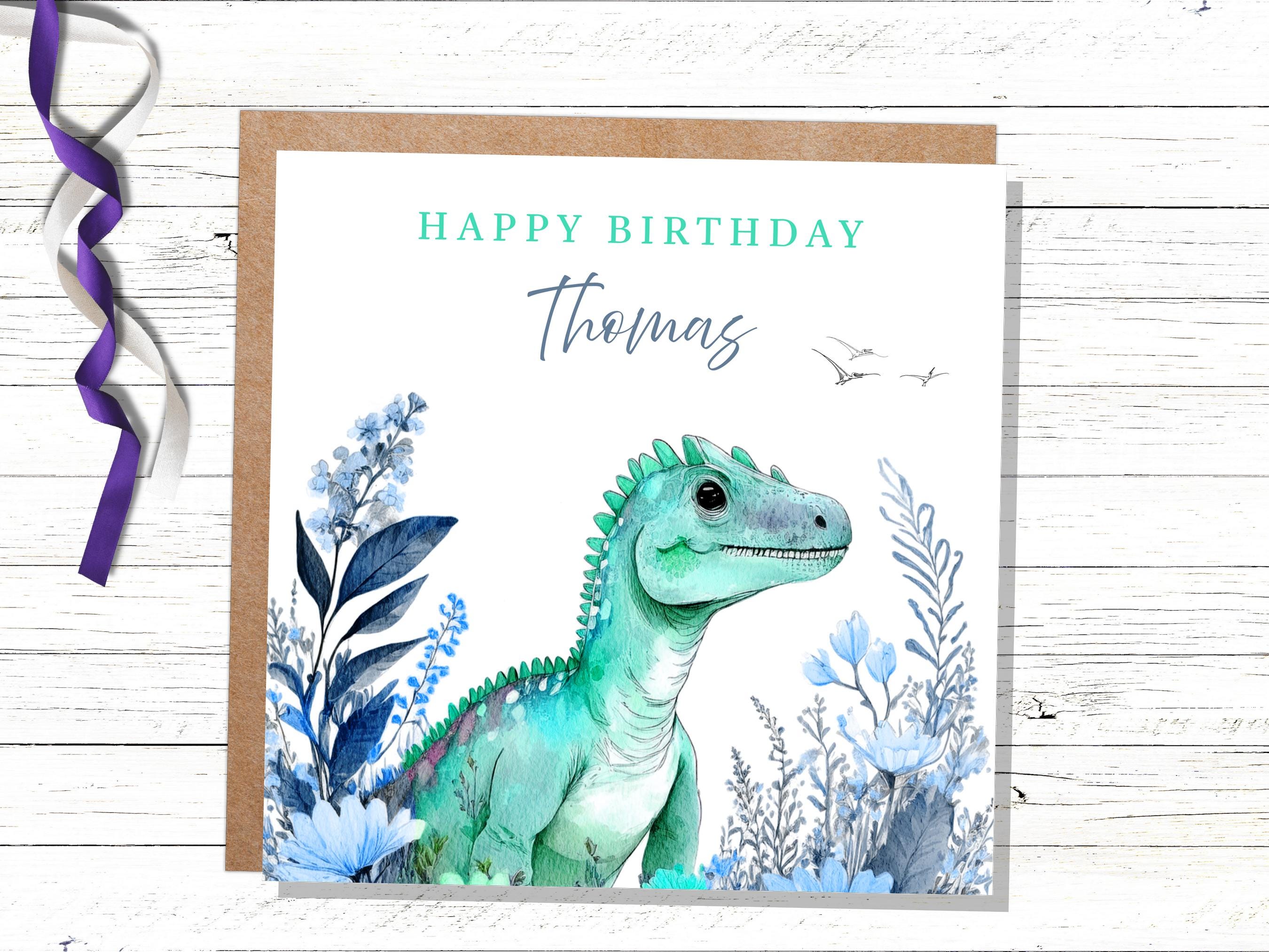 Personalised Dinosaur Birthday Card Custom Name Happy Birthday For Boys Unique Watercolour T-Rex Design Blue Flowers Eco Kids Son Grandson - View 3