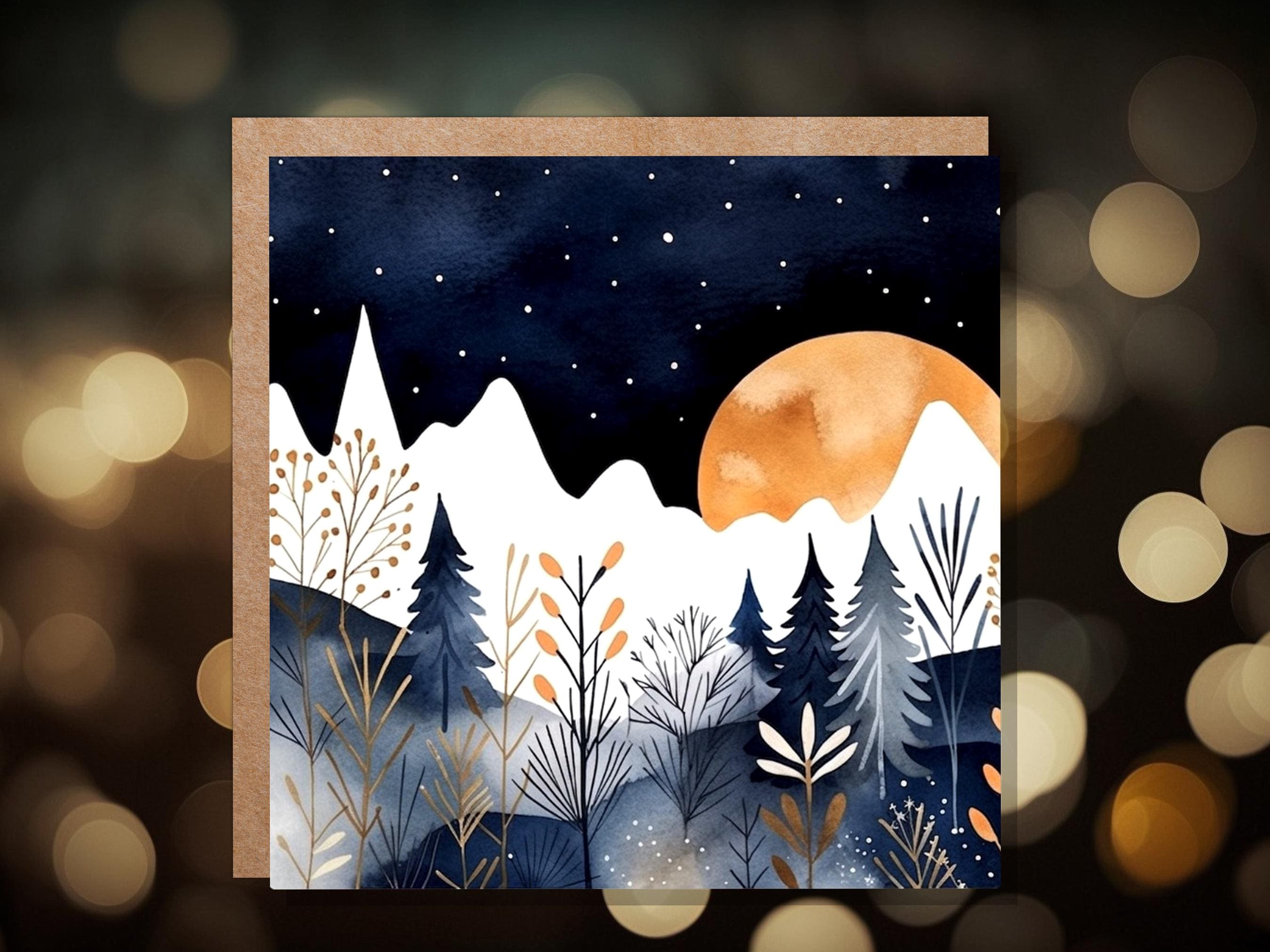 Midnight Mountains Greeting Card - Any Occasion - For Nature Lovers - Blue Gold Watercolour Winter Scene - Eco Friendly - View 7