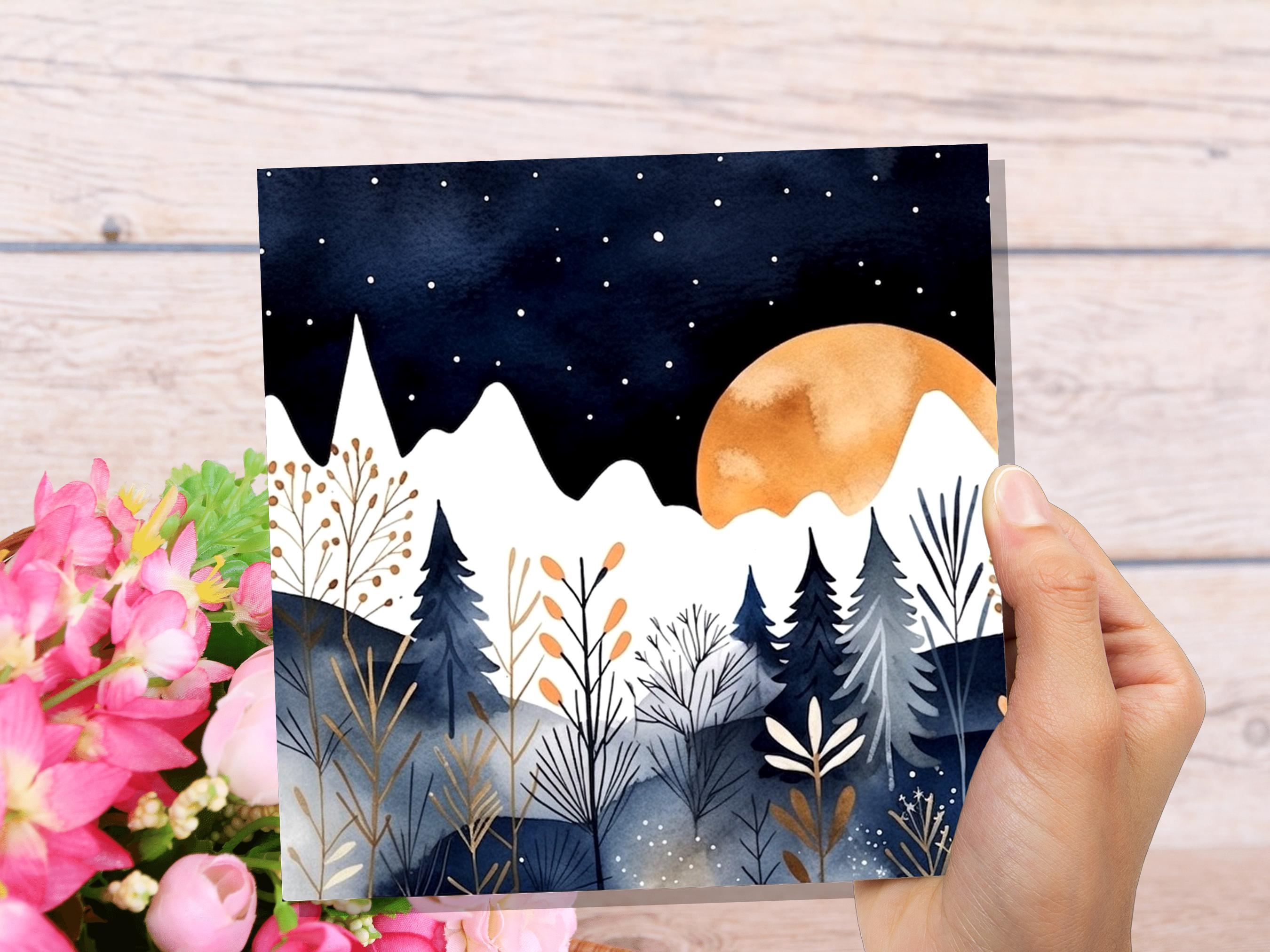 Midnight Mountains Greeting Card - Any Occasion - For Nature Lovers - Blue Gold Watercolour Winter Scene - Eco Friendly - View 2