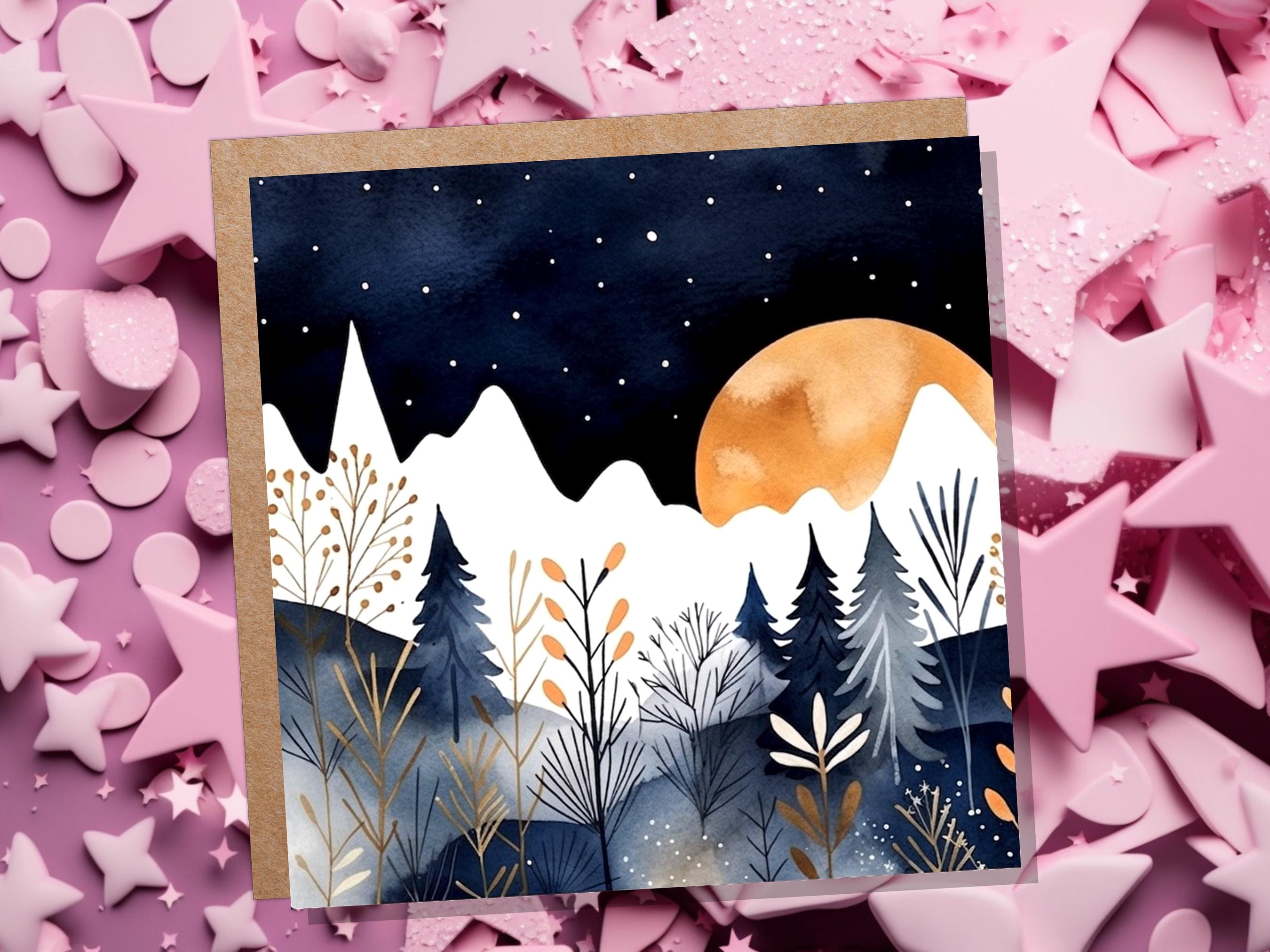 Midnight Mountains Greeting Card - Any Occasion - For Nature Lovers - Blue Gold Watercolour Winter Scene - Eco Friendly - View 5