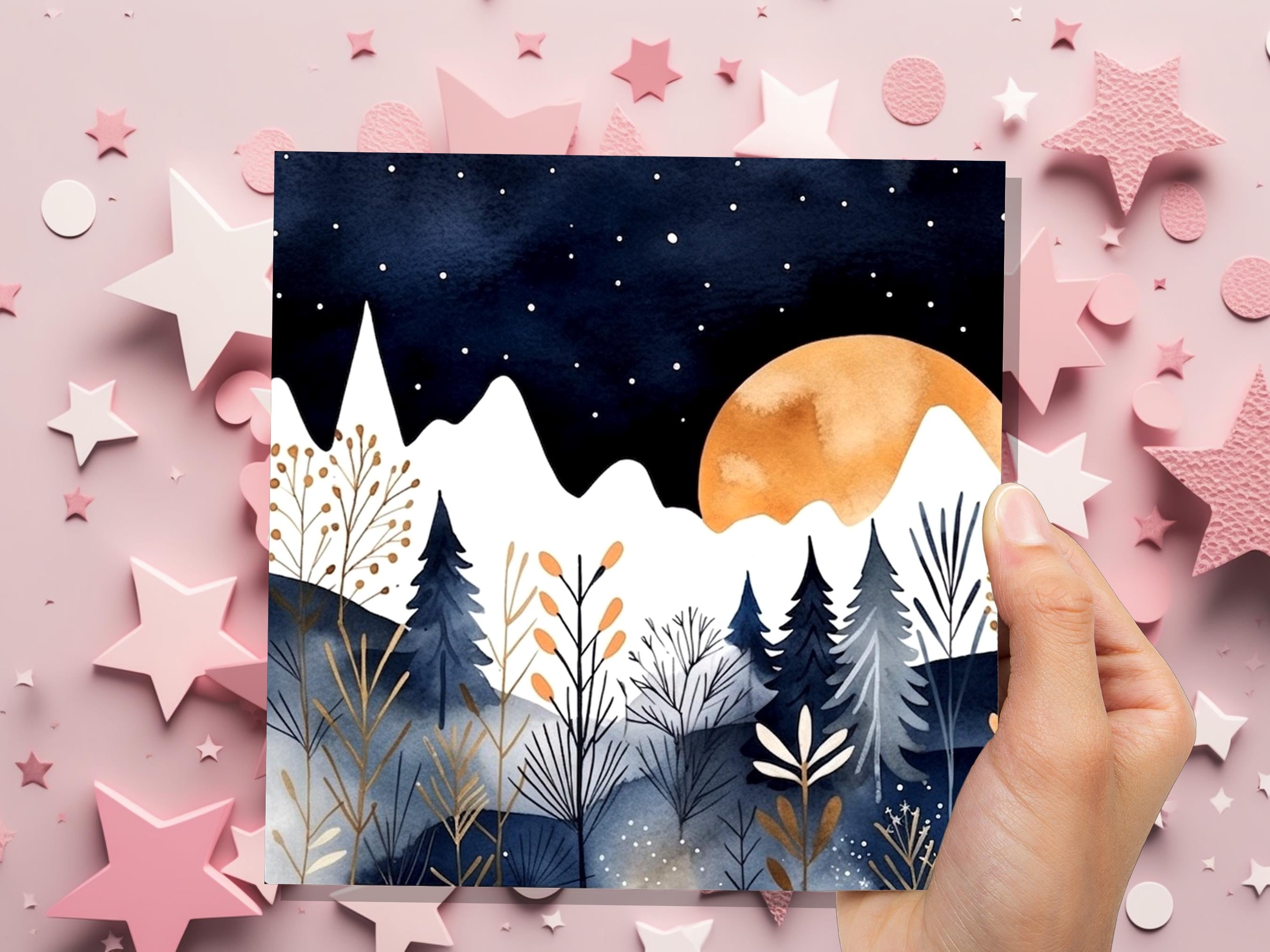 Midnight Mountains Greeting Card - Any Occasion - For Nature Lovers - Blue Gold Watercolour Winter Scene - Eco Friendly - View 6