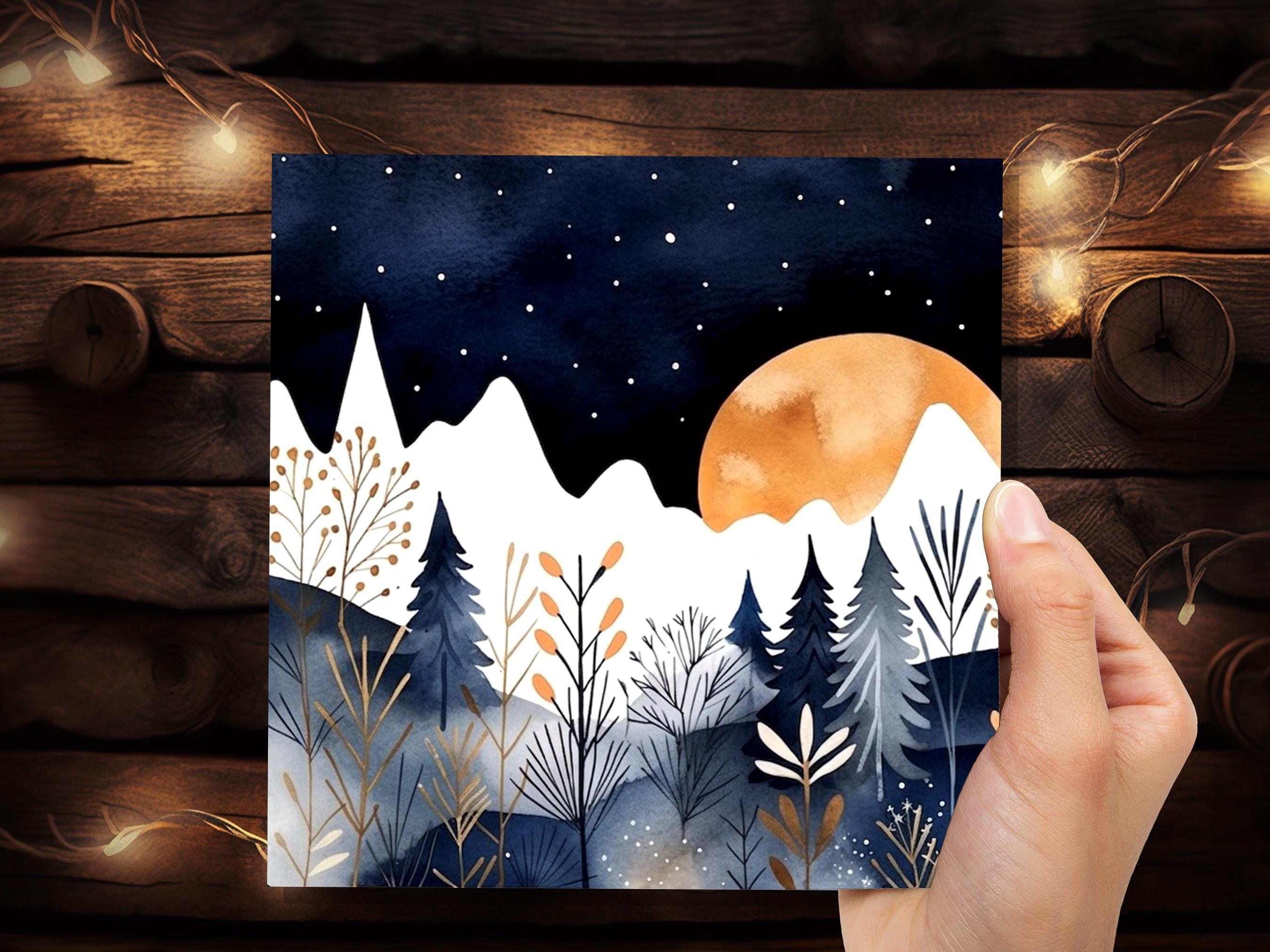 Midnight Mountains Greeting Card - Any Occasion - For Nature Lovers - Blue Gold Watercolour Winter Scene - Eco Friendly - View 4