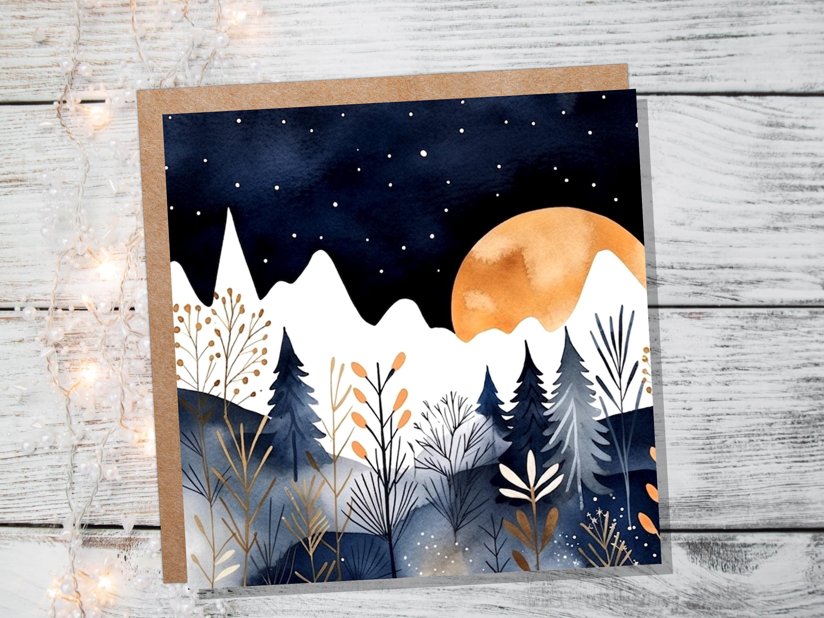 Midnight Mountains Greeting Card - Any Occasion - For Nature Lovers - Blue Gold Watercolour Winter Scene - Eco Friendly