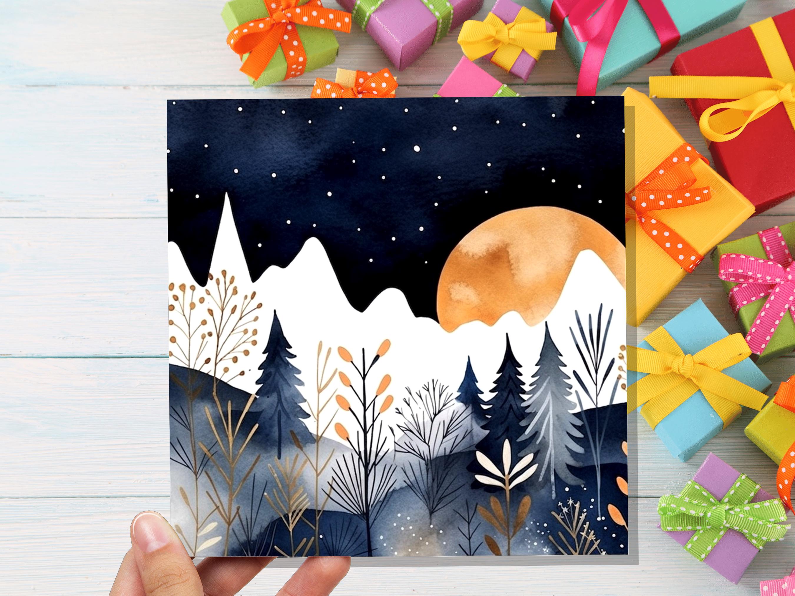 Midnight Mountains Greeting Card - Any Occasion - For Nature Lovers - Blue Gold Watercolour Winter Scene - Eco Friendly - View 8