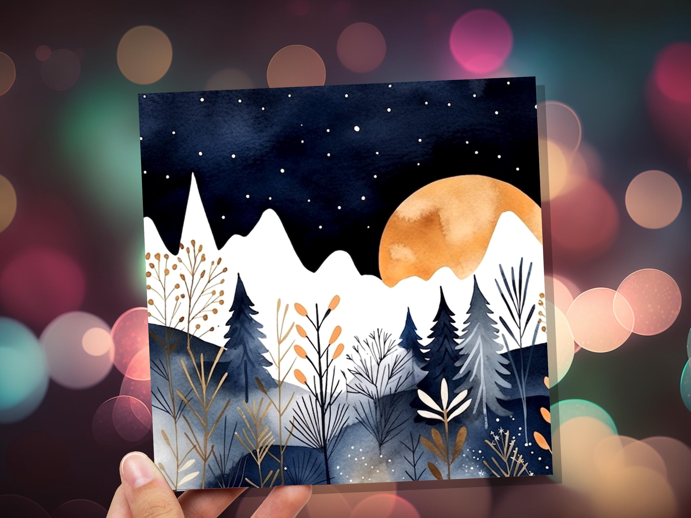 Midnight Mountains Greeting Card - Any Occasion - For Nature Lovers - Blue Gold Watercolour Winter Scene - Eco Friendly - View 9