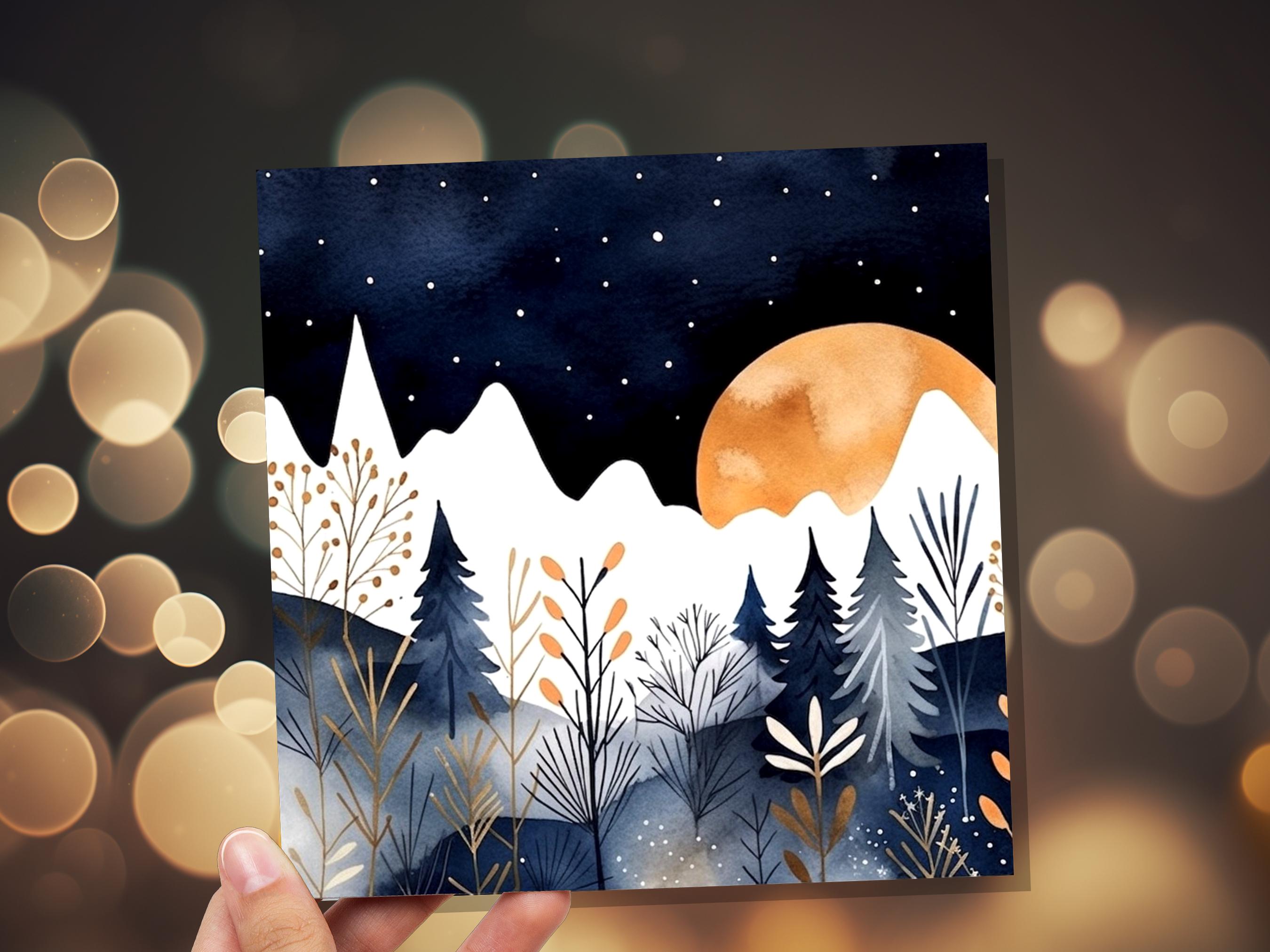 Midnight Mountains Greeting Card - Any Occasion - For Nature Lovers - Blue Gold Watercolour Winter Scene - Eco Friendly - View 3
