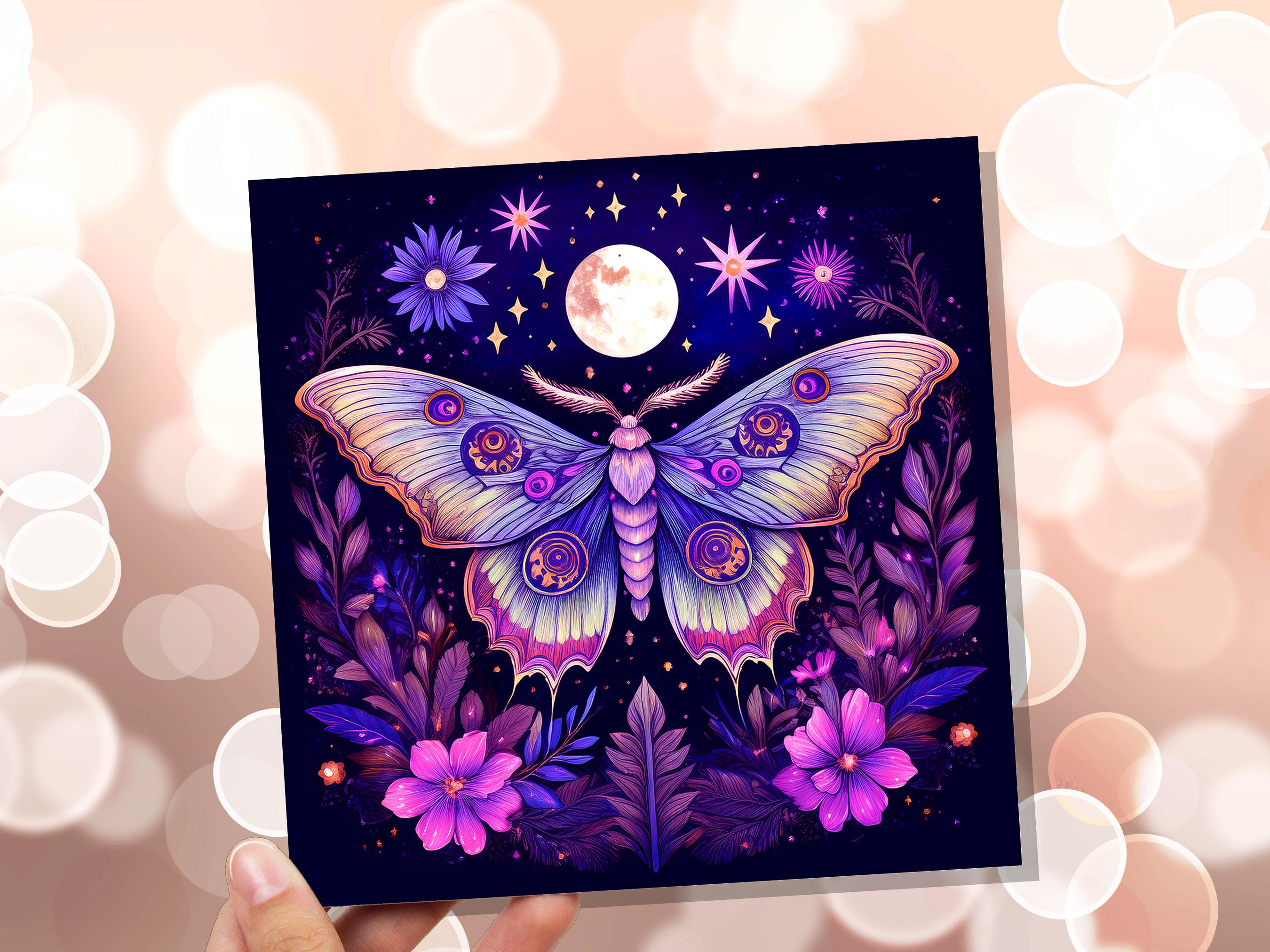 Mystical Moon Moth Card Celestial Lunar Birthday Stationary Art Purple Tarot Goth Goblincore Whimsigoth Cottagecore Witchcore Pagan Witchy - View 5