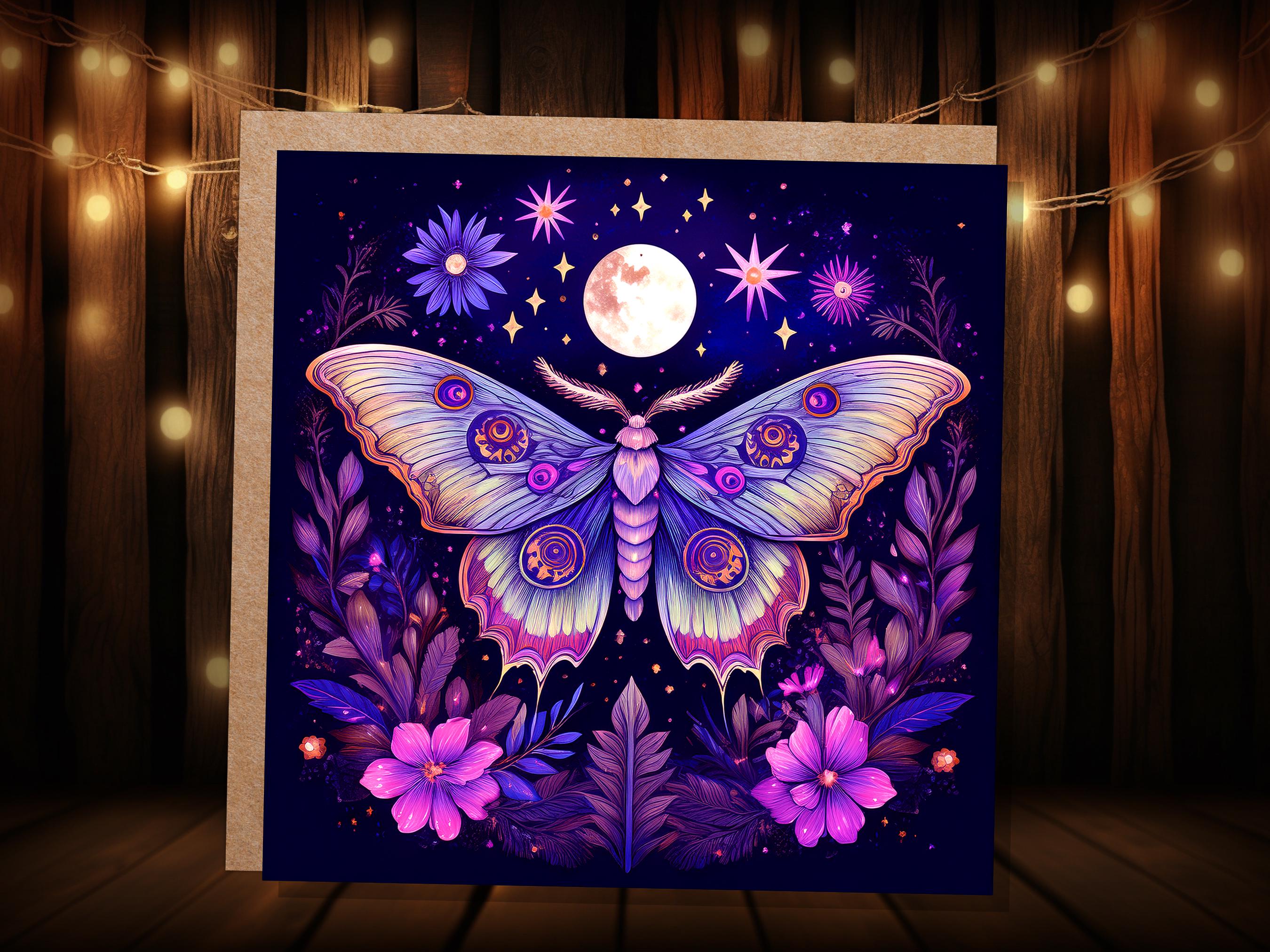 Mystical Moon Moth Card Celestial Lunar Birthday Stationary Art Purple Tarot Goth Goblincore Whimsigoth Cottagecore Witchcore Pagan Witchy - View 4
