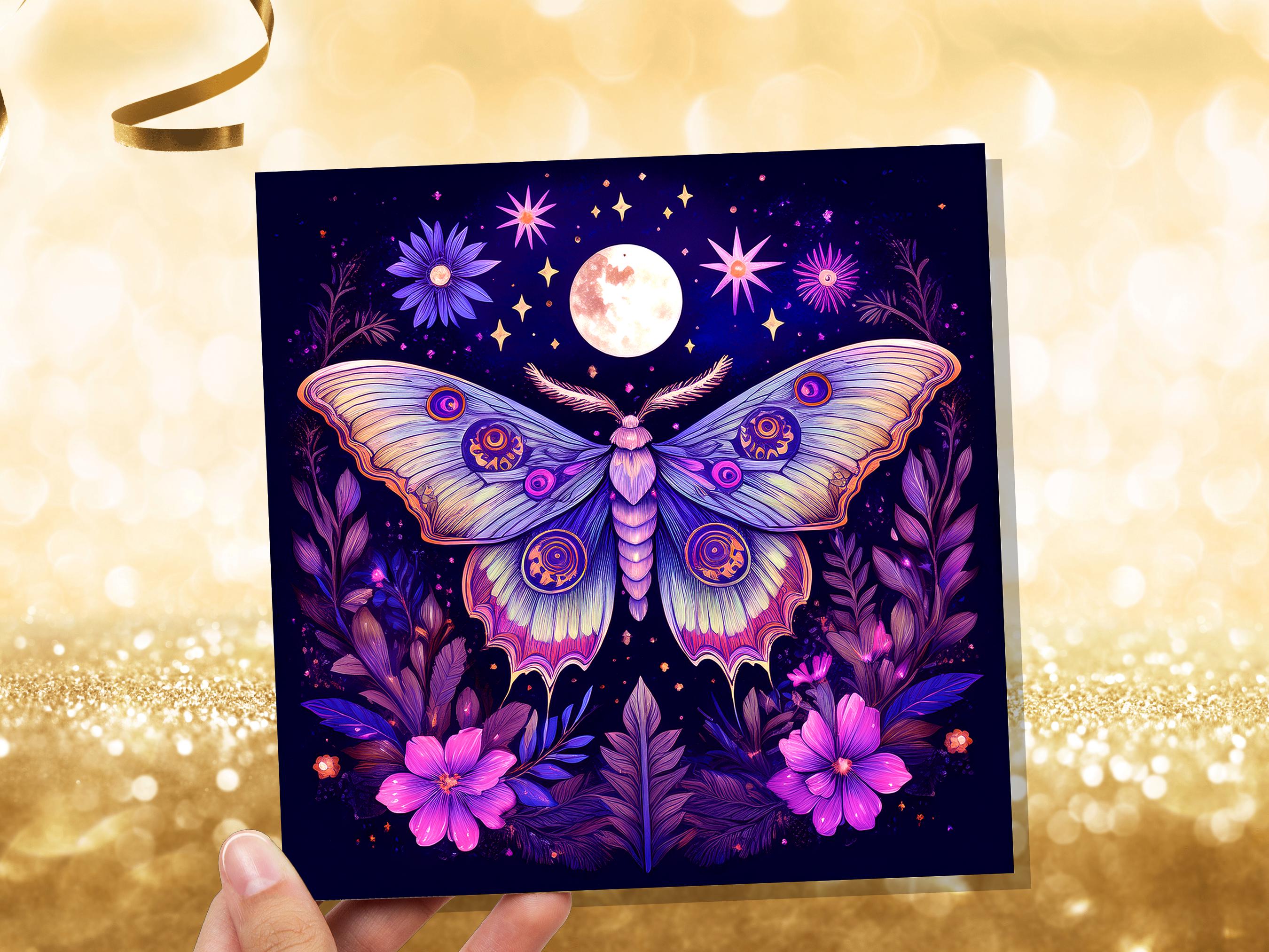 Mystical Moon Moth Card Celestial Lunar Birthday Stationary Art Purple Tarot Goth Goblincore Whimsigoth Cottagecore Witchcore Pagan Witchy - View 6