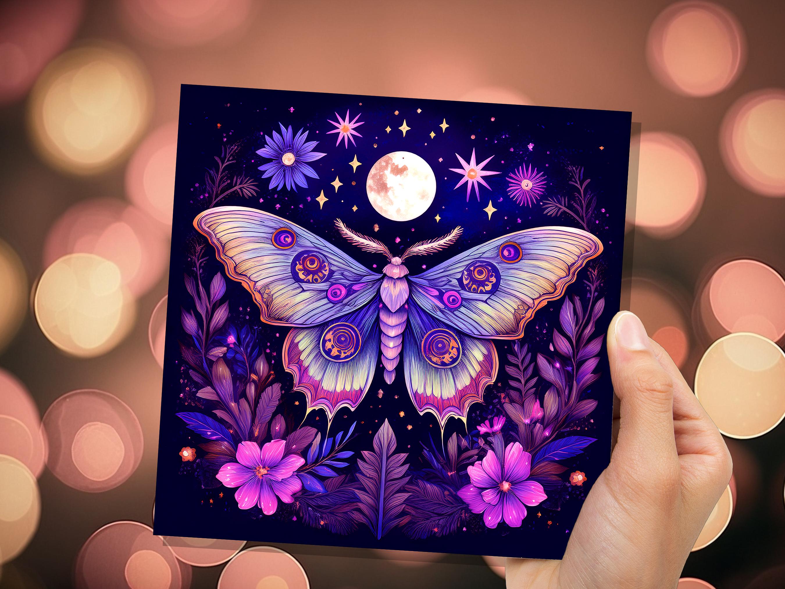 Mystical Moon Moth Card Celestial Lunar Birthday Stationary Art Purple Tarot Goth Goblincore Whimsigoth Cottagecore Witchcore Pagan Witchy - View 7