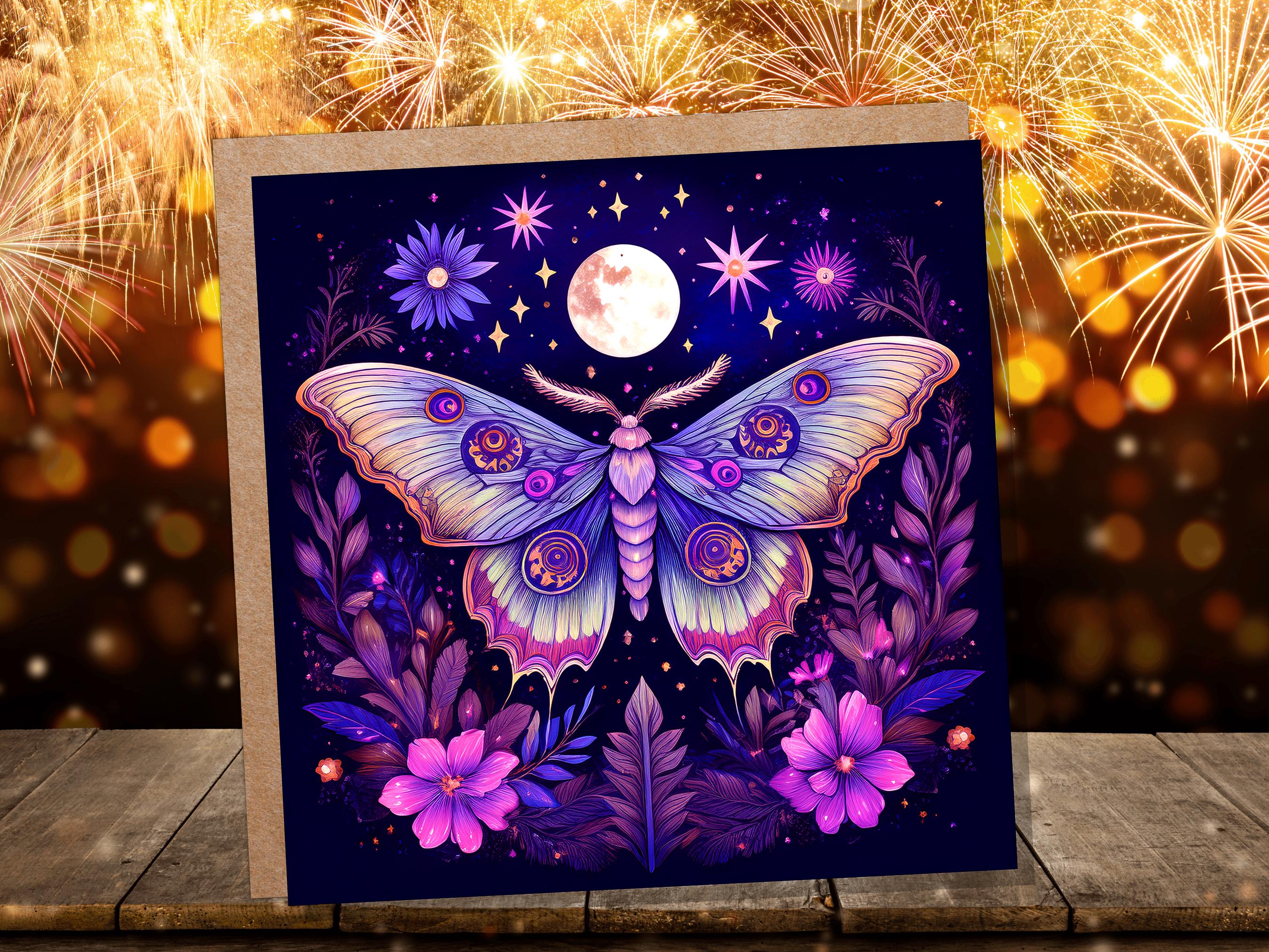 Mystical Moon Moth Card Celestial Lunar Birthday Stationary Art Purple Tarot Goth Goblincore Whimsigoth Cottagecore Witchcore Pagan Witchy - View 3