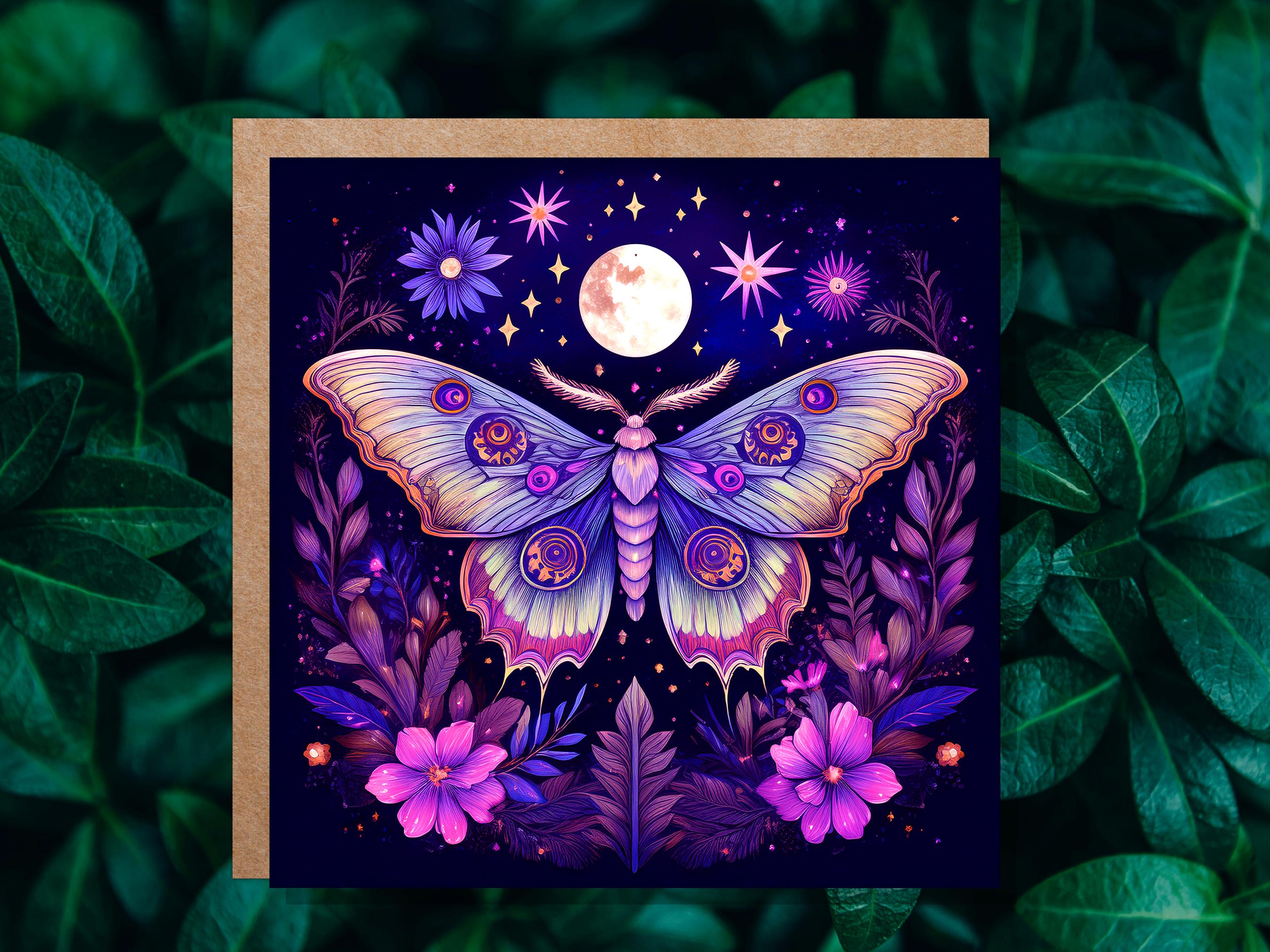 Mystical Moon Moth Card Celestial Lunar Birthday Stationary Art Purple Tarot Goth Goblincore Whimsigoth Cottagecore Witchcore Pagan Witchy - View 2