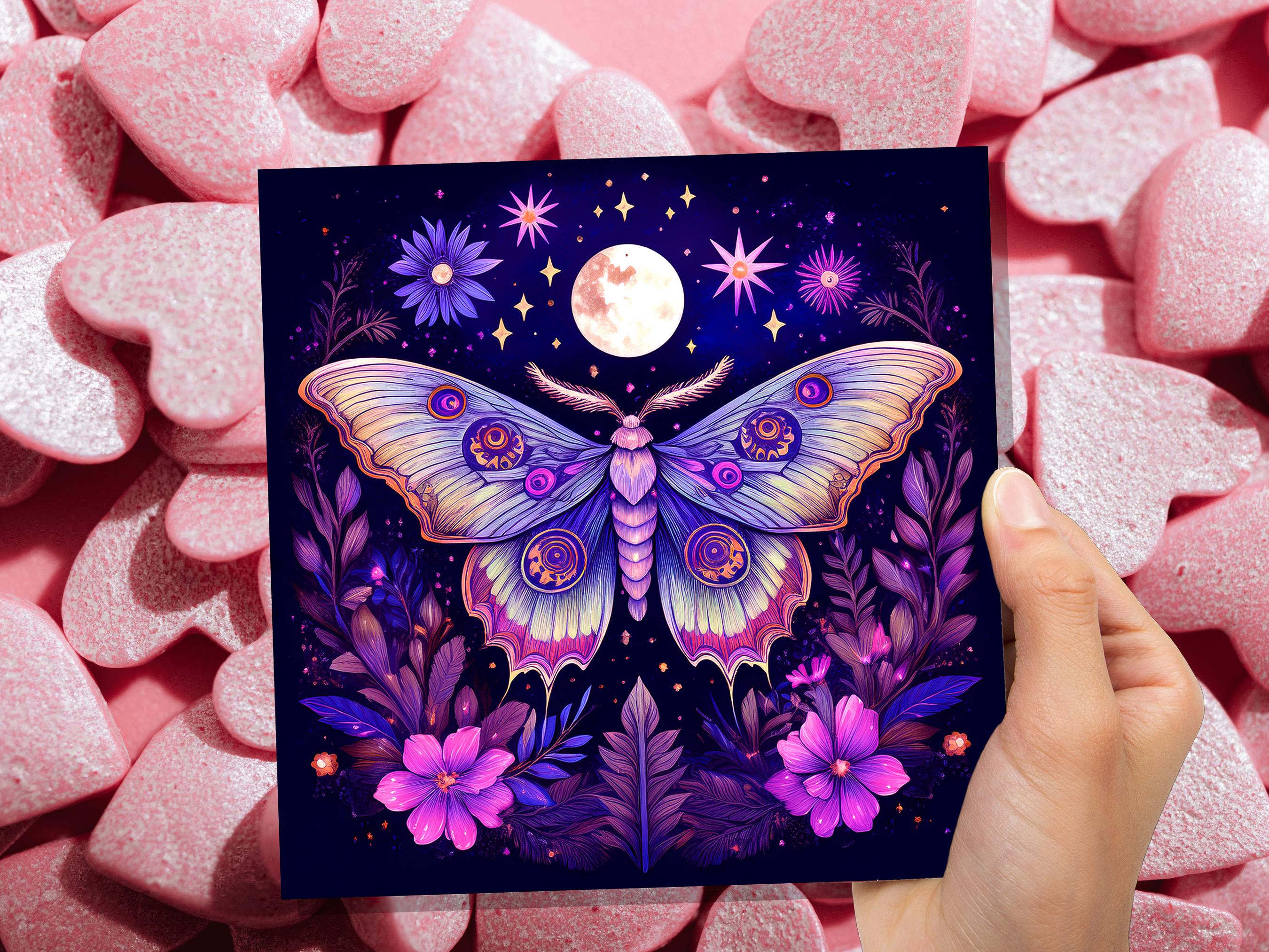 Mystical Moon Moth Card Celestial Lunar Birthday Stationary Art Purple Tarot Goth Goblincore Whimsigoth Cottagecore Witchcore Pagan Witchy - View 8