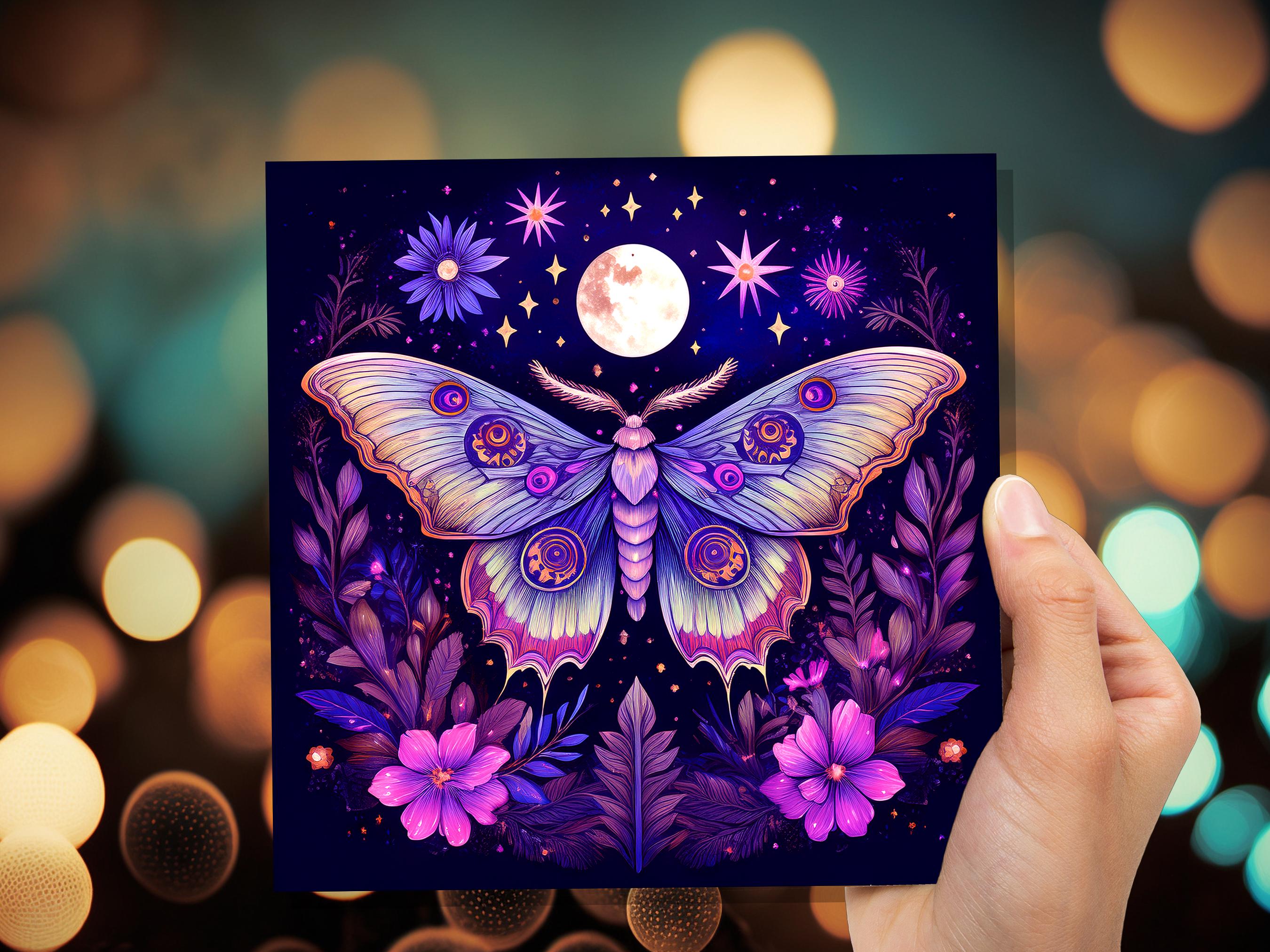 Mystical Moon Moth Card Celestial Lunar Birthday Stationary Art Purple Tarot Goth Goblincore Whimsigoth Cottagecore Witchcore Pagan Witchy - View 9