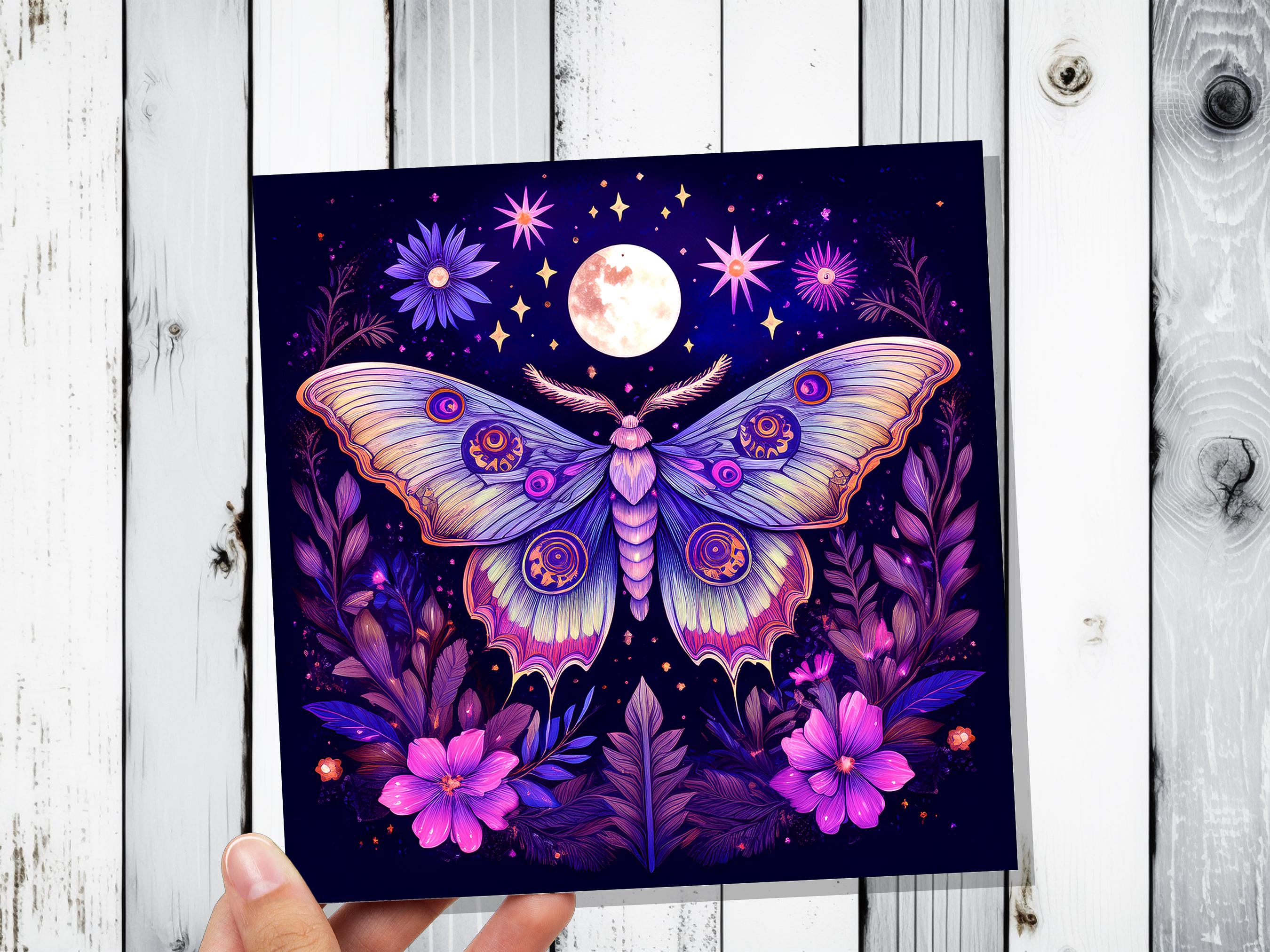 Mystical Moon Moth Card Celestial Lunar Birthday Stationary Art Purple Tarot Goth Goblincore Whimsigoth Cottagecore Witchcore Pagan Witchy
