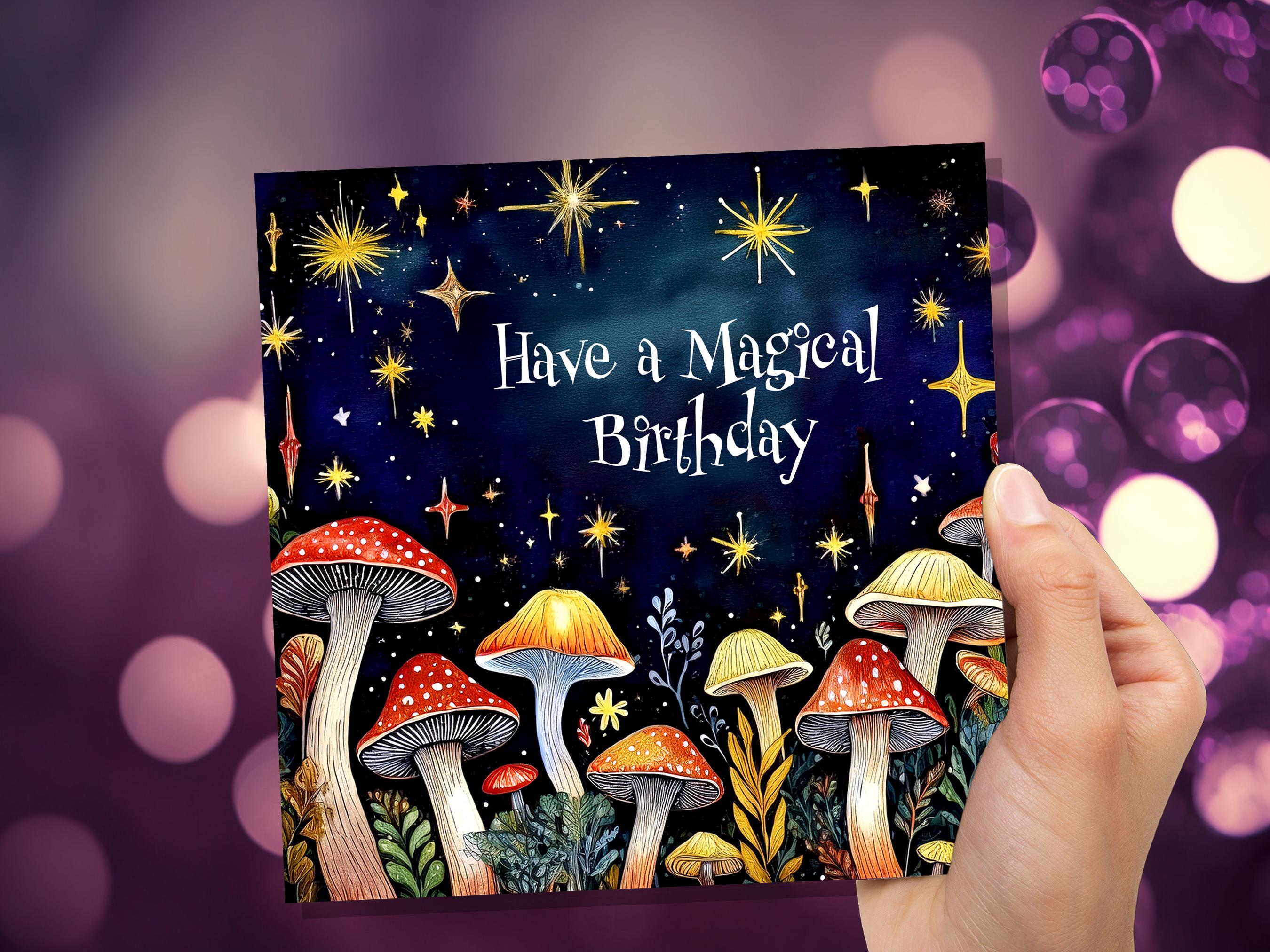 Mushroom Birthday Card Magic Enchanted Night For Cottagecore Lovers "Have a Magical Birthday" Surreal Toadstool Fungi Pagan Witchy Gift Art - View 9