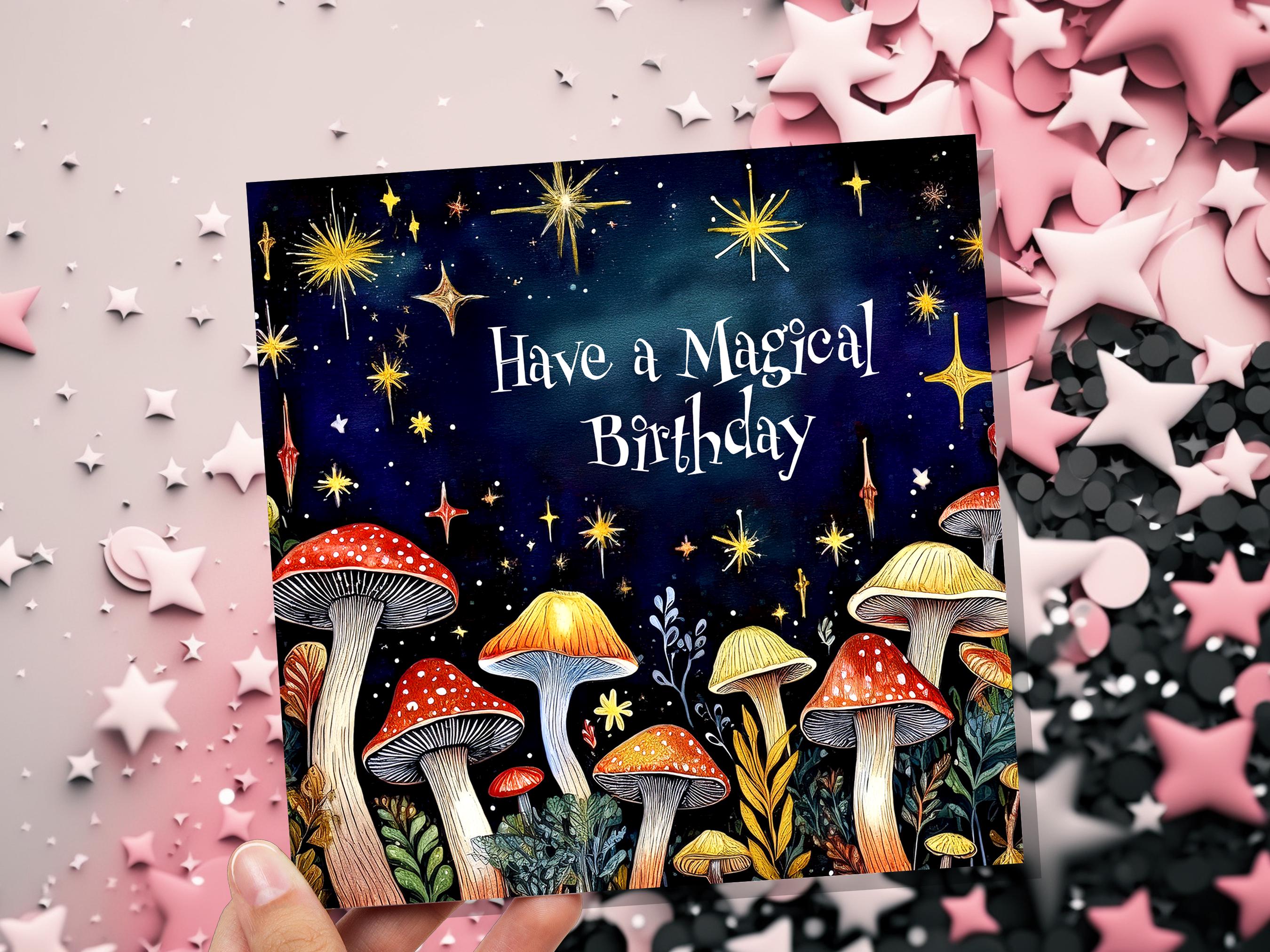 Mushroom Birthday Card Magic Enchanted Night For Cottagecore Lovers "Have a Magical Birthday" Surreal Toadstool Fungi Pagan Witchy Gift Art - View 7