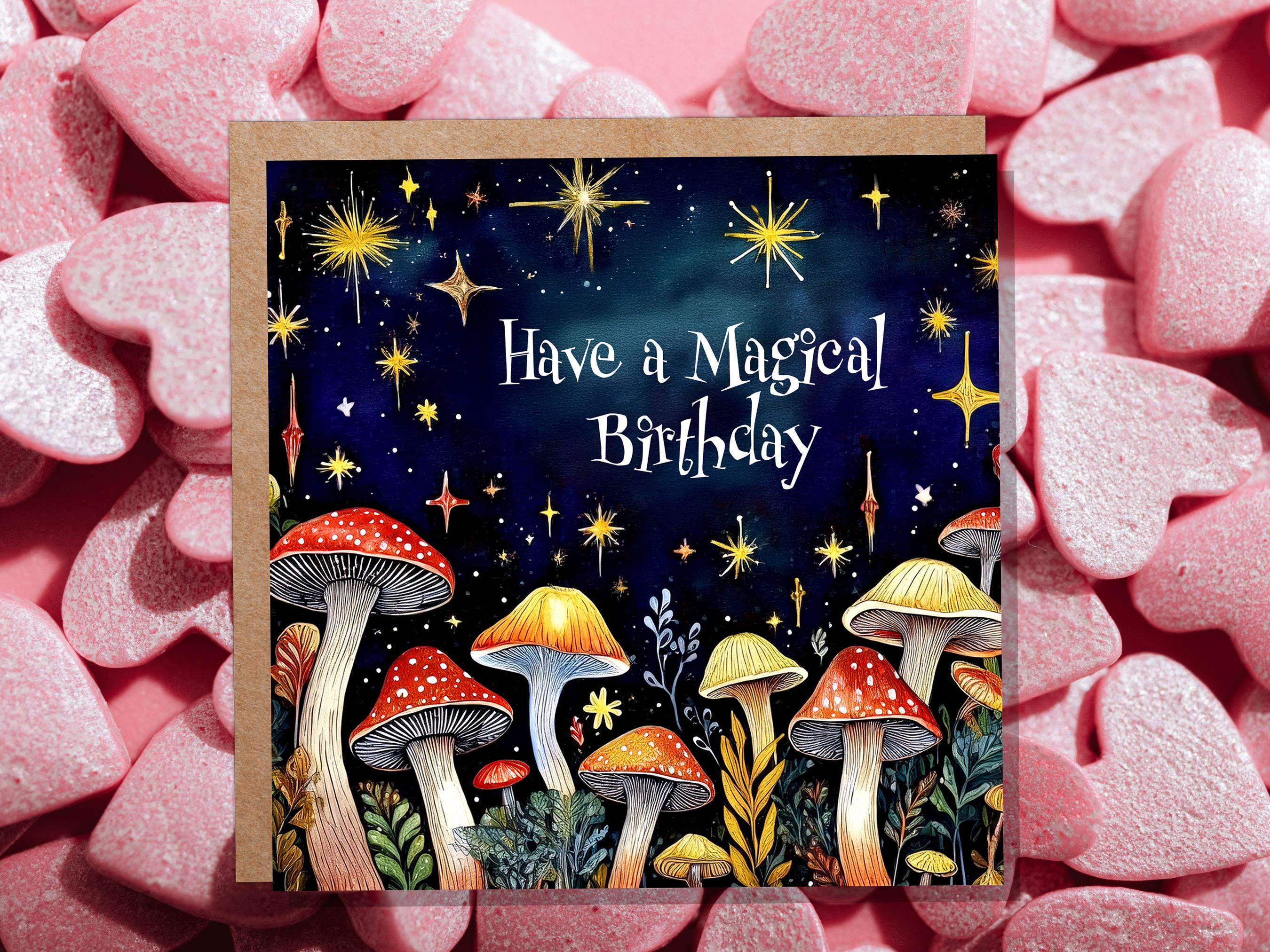 Mushroom Birthday Card Magic Enchanted Night For Cottagecore Lovers "Have a Magical Birthday" Surreal Toadstool Fungi Pagan Witchy Gift Art - View 5