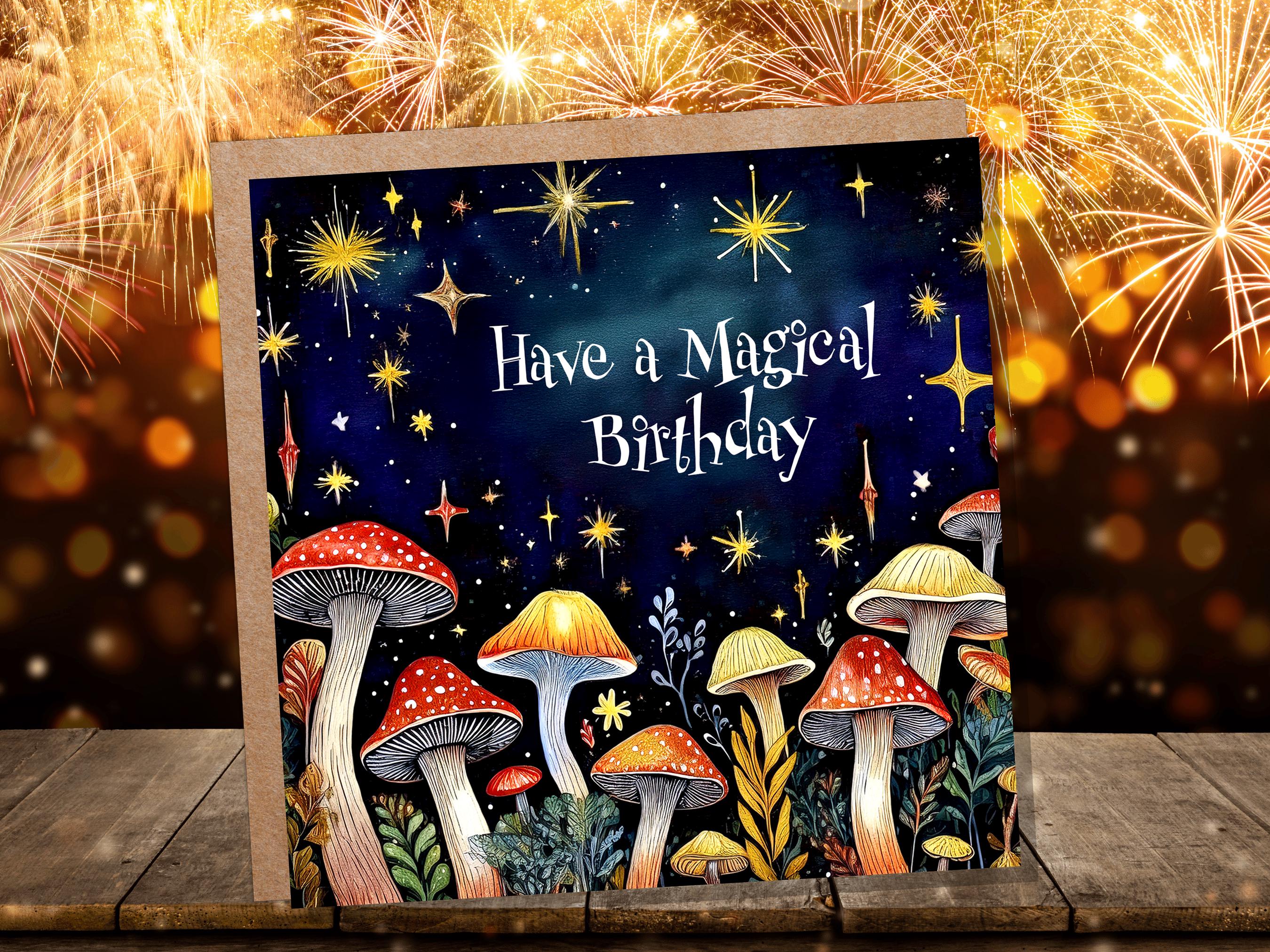 Mushroom Birthday Card Magic Enchanted Night For Cottagecore Lovers "Have a Magical Birthday" Surreal Toadstool Fungi Pagan Witchy Gift Art - View 2