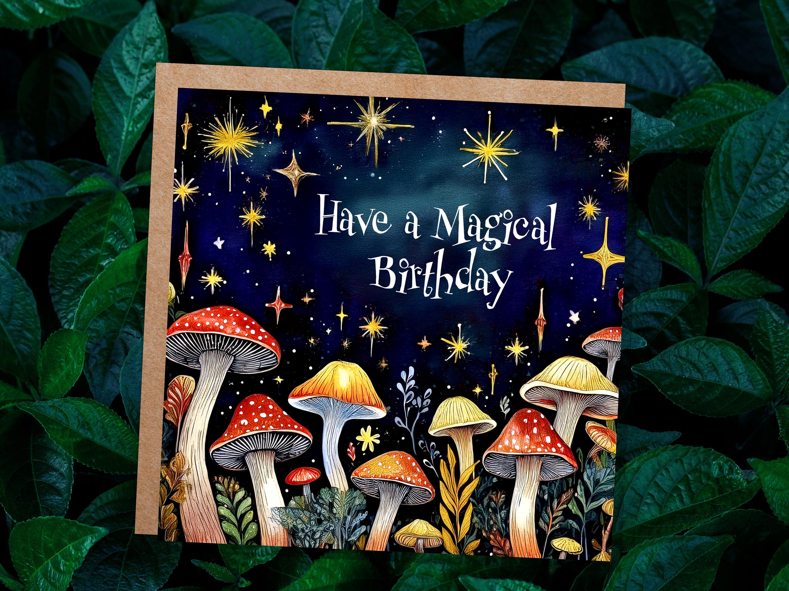 Mushroom Birthday Card Magic Enchanted Night For Cottagecore Lovers "Have a Magical Birthday" Surreal Toadstool Fungi Pagan Witchy Gift Art - View 3