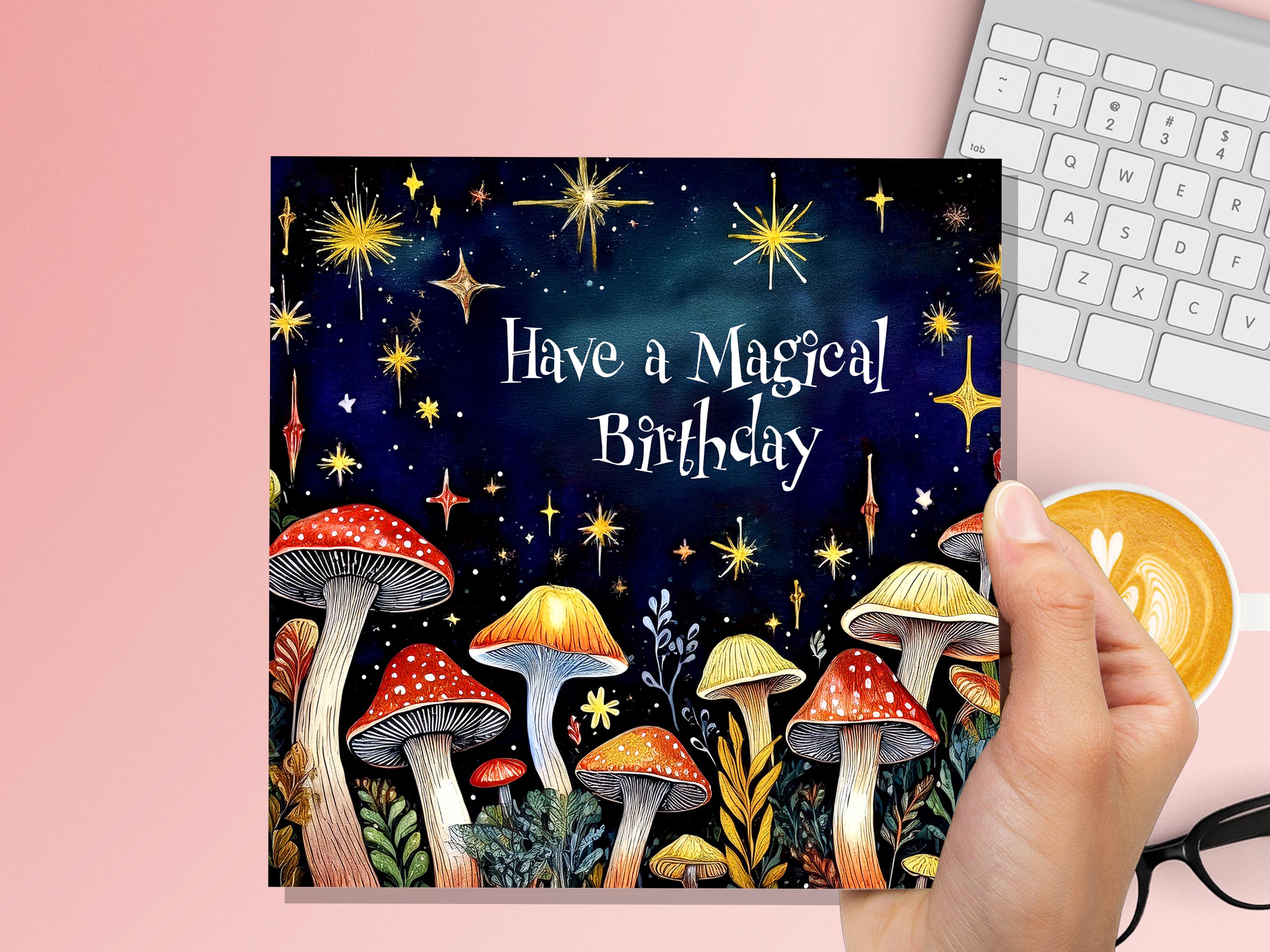 Mushroom Birthday Card Magic Enchanted Night For Cottagecore Lovers "Have a Magical Birthday" Surreal Toadstool Fungi Pagan Witchy Gift Art - View 4