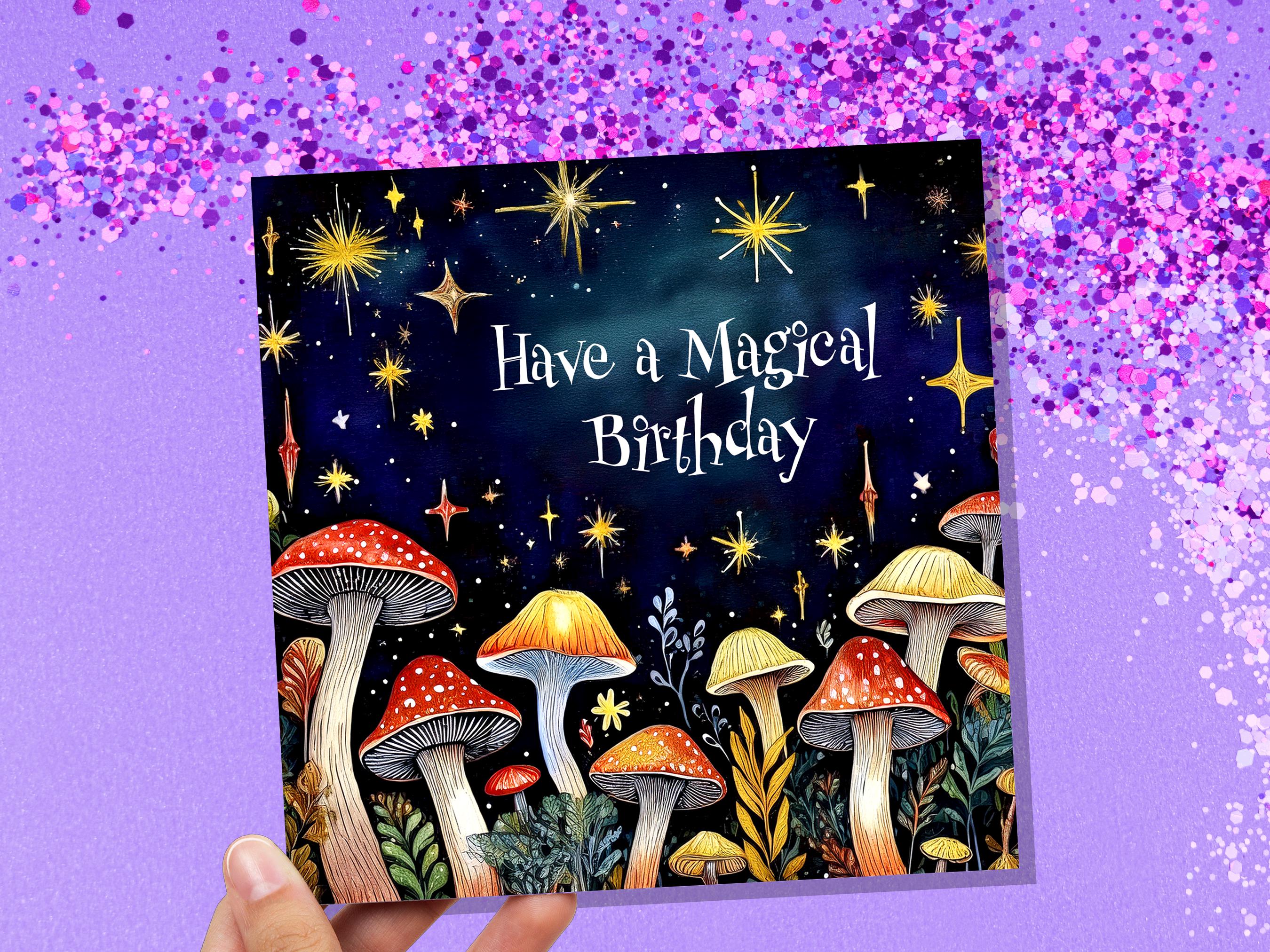 Mushroom Birthday Card Magic Enchanted Night For Cottagecore Lovers "Have a Magical Birthday" Surreal Toadstool Fungi Pagan Witchy Gift Art - View 8