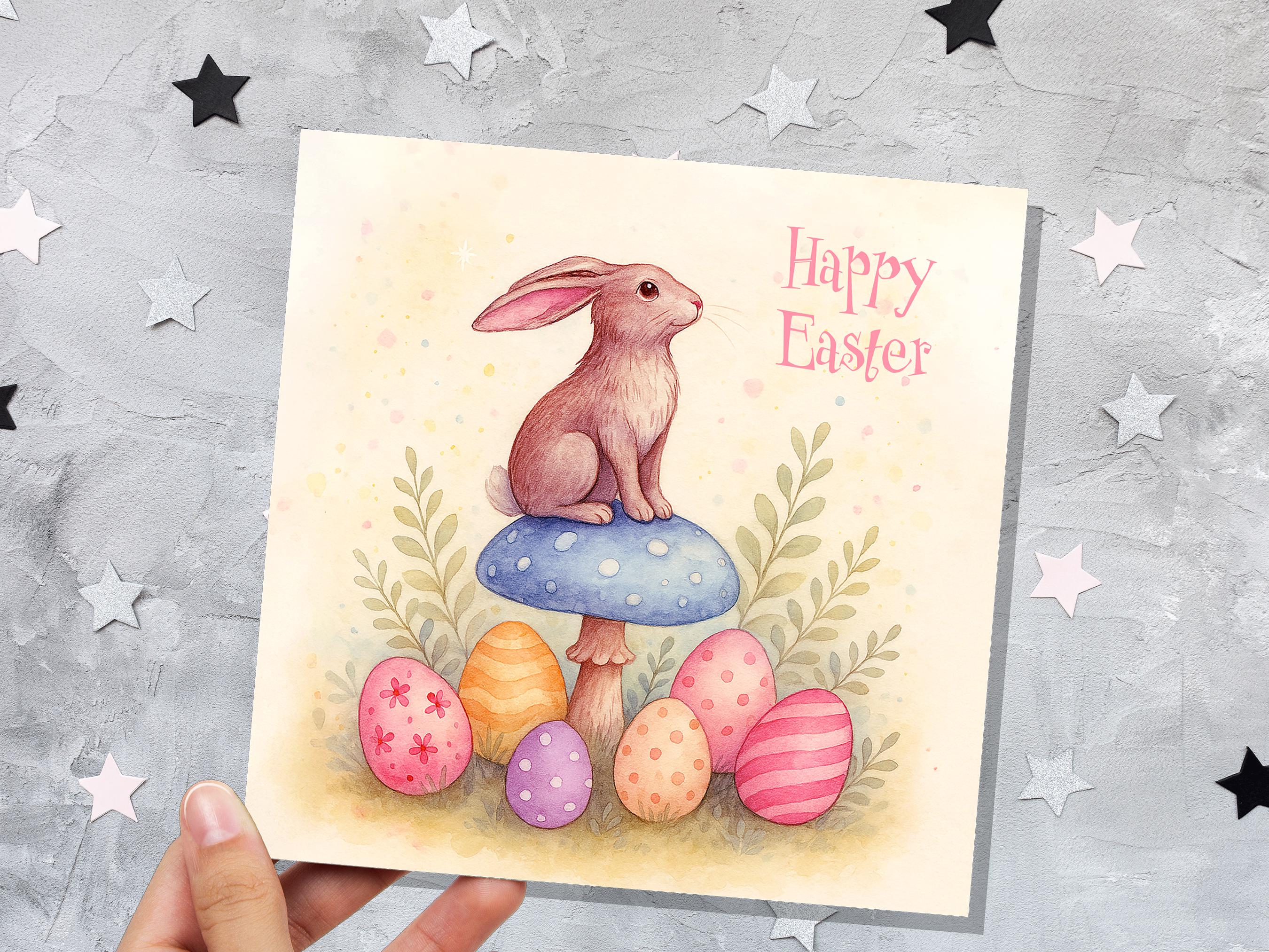 Pastel Easter Bunny Card Sitting on a Toadstool with Decorated Eggs Cute Sustainable Greetings Spring Illustration Mushroom Art New for 2025 - View 2
