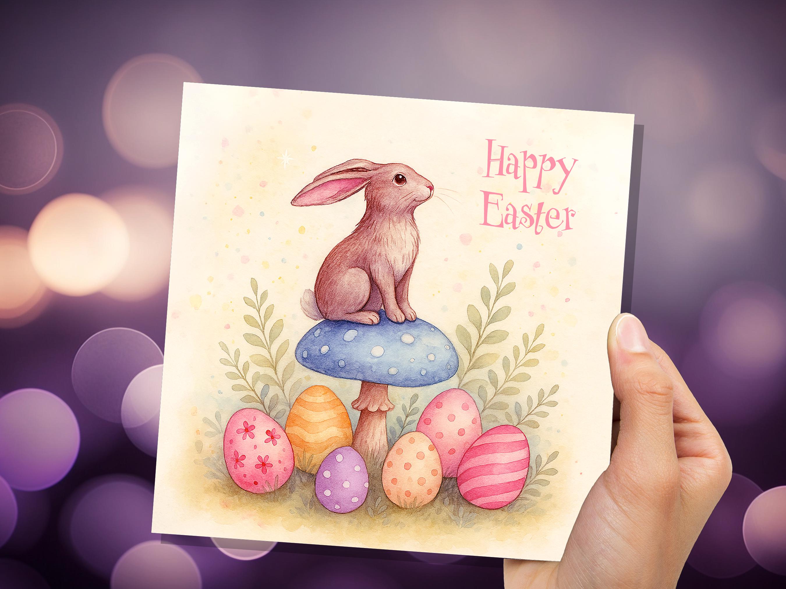Pastel Easter Bunny Card Sitting on a Toadstool with Decorated Eggs Cute Sustainable Greetings Spring Illustration Mushroom Art New for 2025 - View 9