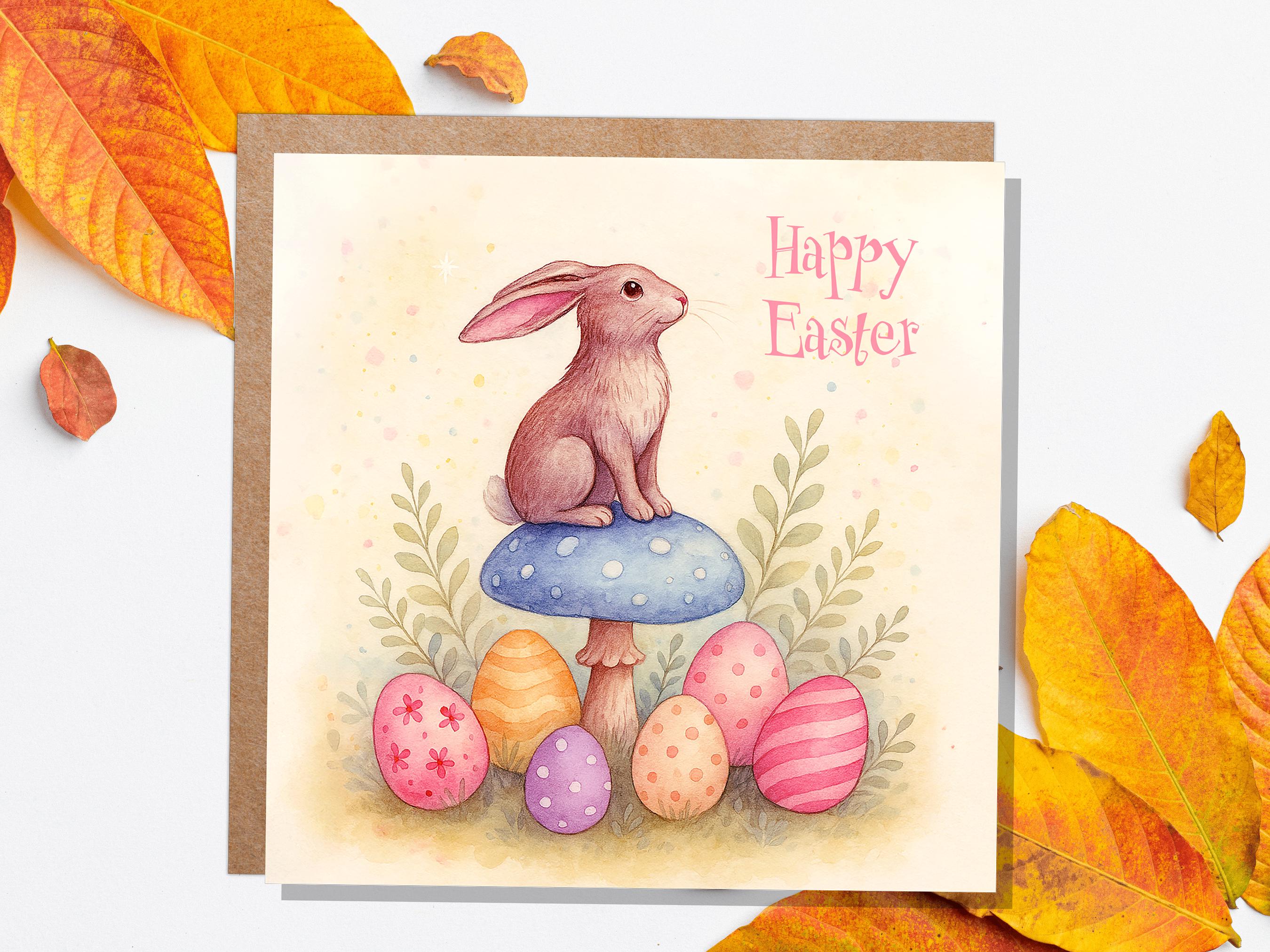 Pastel Easter Bunny Card Sitting on a Toadstool with Decorated Eggs Cute Sustainable Greetings Spring Illustration Mushroom Art New for 2025 - View 6