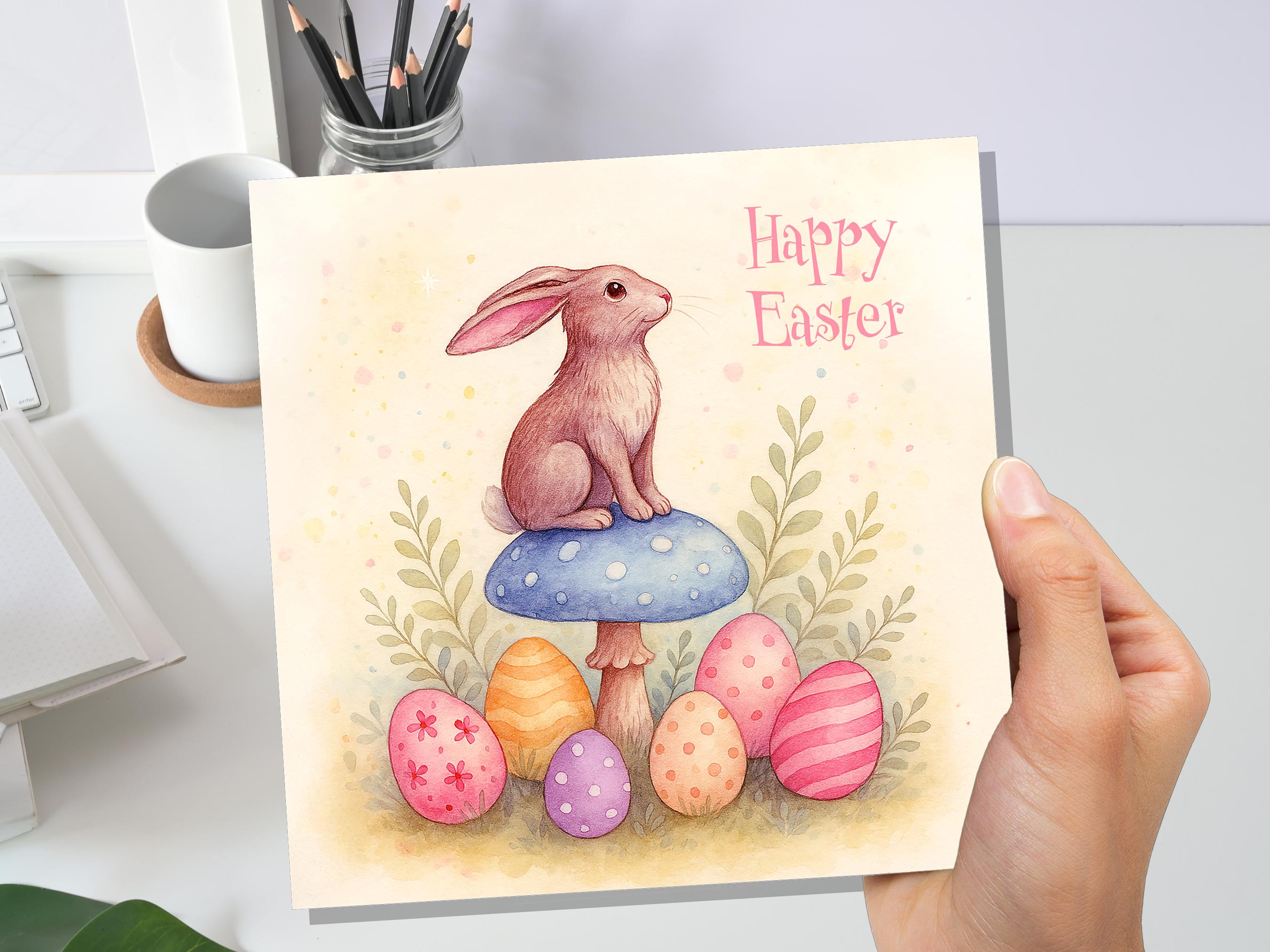 Pastel Easter Bunny Card Sitting on a Toadstool with Decorated Eggs Cute Sustainable Greetings Spring Illustration Mushroom Art New for 2025 - View 8