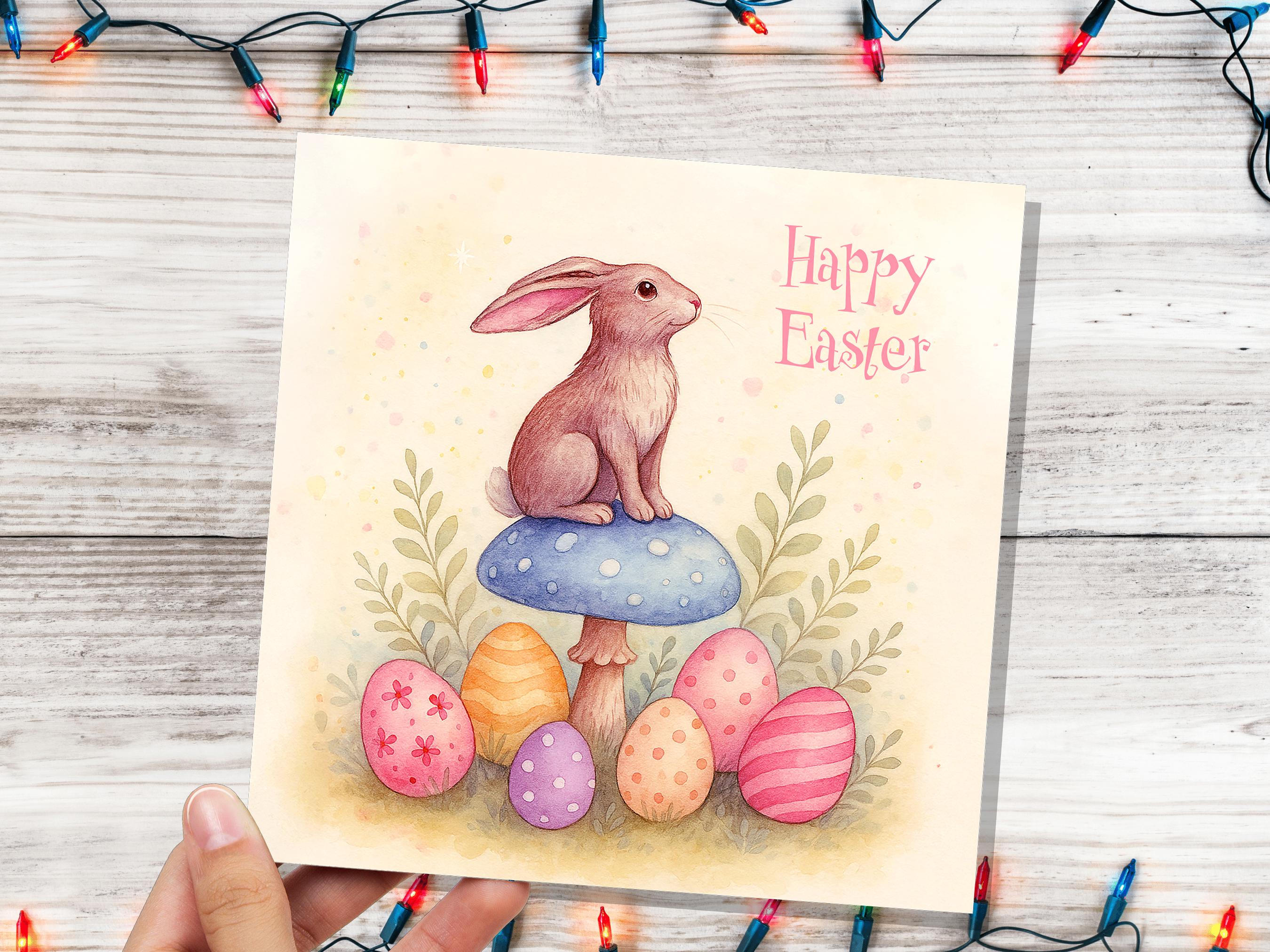 Pastel Easter Bunny Card Sitting on a Toadstool with Decorated Eggs Cute Sustainable Greetings Spring Illustration Mushroom Art New for 2025 - View 5